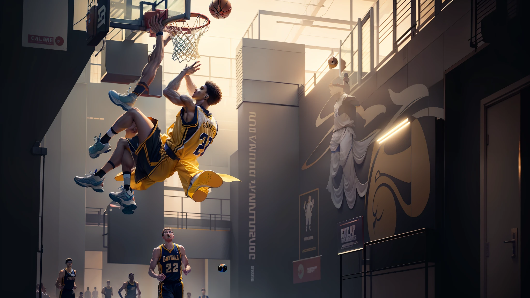 basketball,Male players,Basketball game,Match websites,Basketball hall,Dunk,Solo,Present dynamic basketball game scenes。IvoryGoldAI