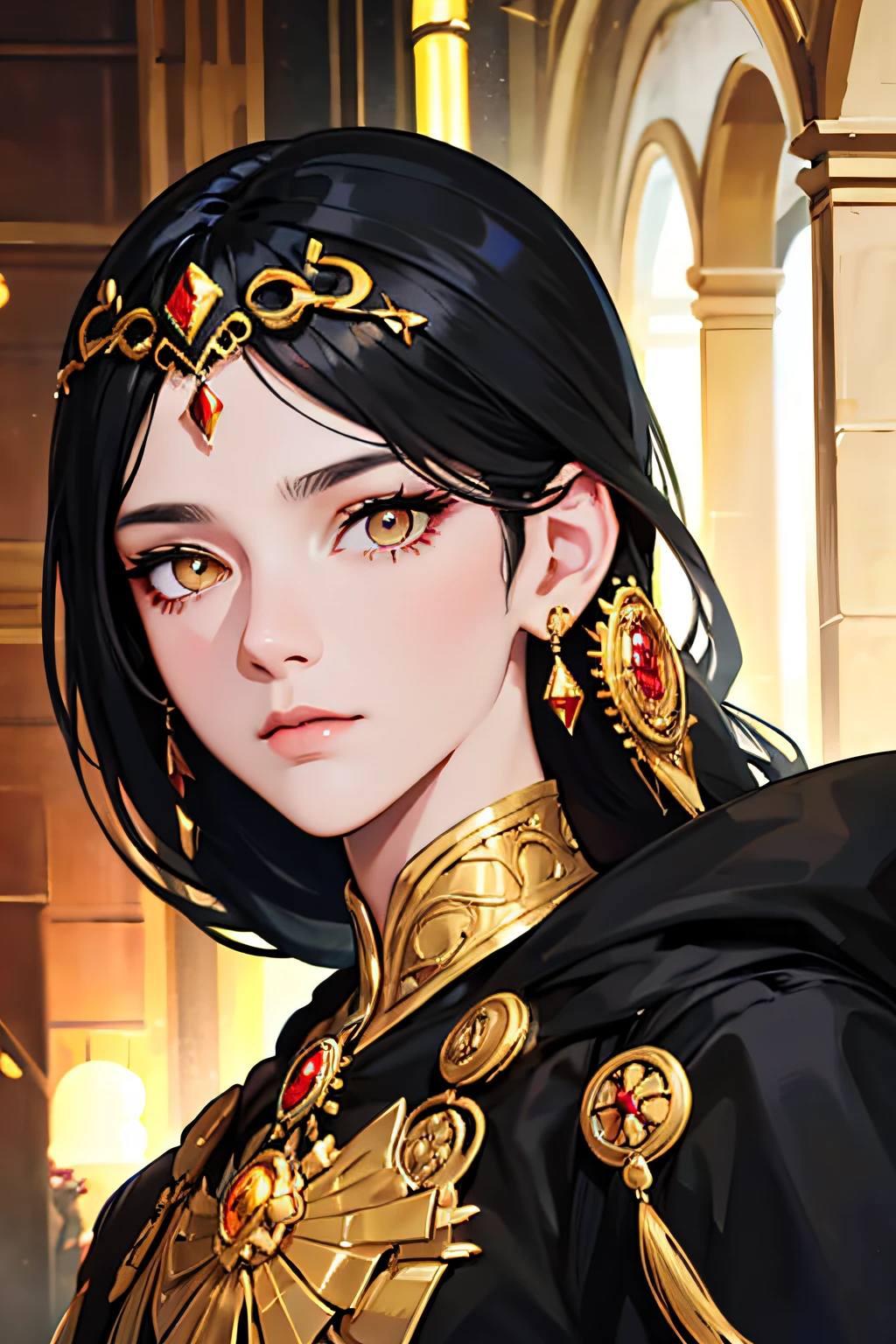 Anime - Stylistic image of a woman in a black dress，Wearing gold jewelry, Portrait Chevaliers du Zodiaque Fille, Fantasy art style, a beautiful fantasy empress, Detailed digital anime art, IG model | Art germ, ((a beautiful fantasy empress)), Art germ. High detail, Epic fantasy art style HD, Art germ. anime illustration, portrait of a female mage