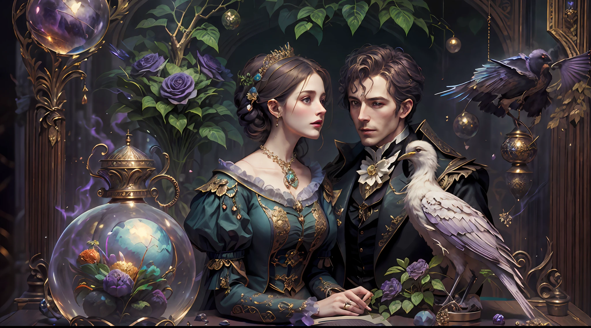 a young, A handsome and beautiful aristocratic couple runs a magic shop in the Age of Steam Magic,head looking up,florals,The bird,A plant,crystal sphere,magic item,victorian aristocrat,purple flower,ultra-realistic realism