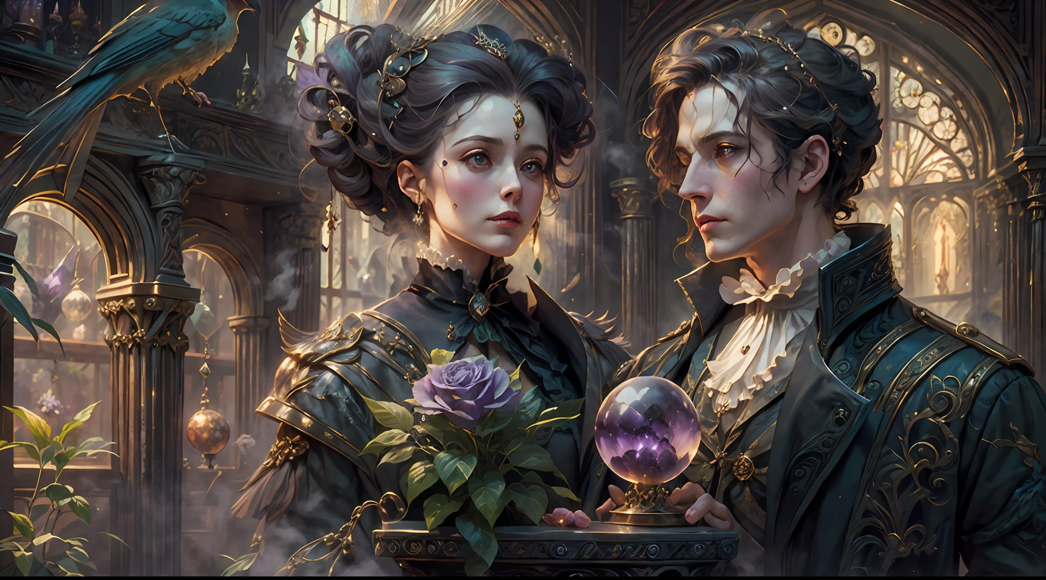 a young, A handsome and beautiful aristocratic couple runs a magic shop in the Age of Steam Magic,head looking up,florals,The bird,A plant,crystal sphere,magic item,victorian aristocrat,purple flower,ultra-realistic realism