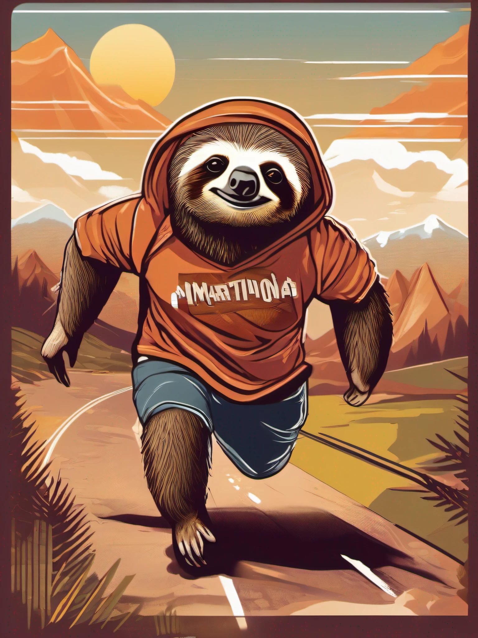 isolated vector-art t-shirt design of a sloth running a marathon with a sense of adventure and curiosity. The sloth should be portrayed as an explorer, with a backpack and a map, symbolizing the marathon as a journey of self-discovery. Use warm and earthy colors to convey a sense of exploration and connection to nature. The background can feature elements like mountains or scenic landscapes, inspiring a sense of wonder and excitement. This design prompts viewers to see the marathon as more than a race but as an enriching experience, isolated, no-background, in the style of 0mib