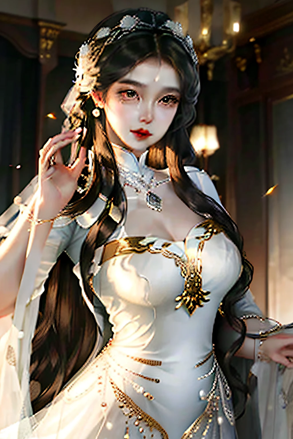 A royal sister with a bumpy figure,Beautiful face,She looks very ladylike,She has long black hair and a long white dress,It looks more graceful。
