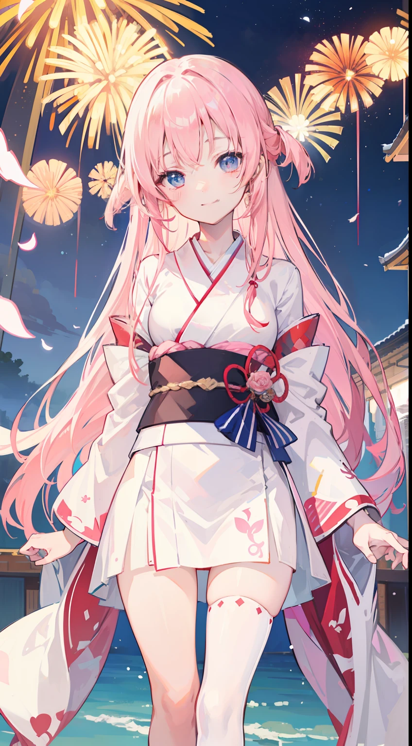 young and cute girl、The facial features are delicate and correct,(((in a kimono)))、light pink colored hair、Long silky hair,tmasterpiece、Top image quality、top-quality、Slender beautiful legs,white stockings,Happy smile,(Artist painting,Makoto Shinkai's works),the night,fire works,grand ceremony,temple fair