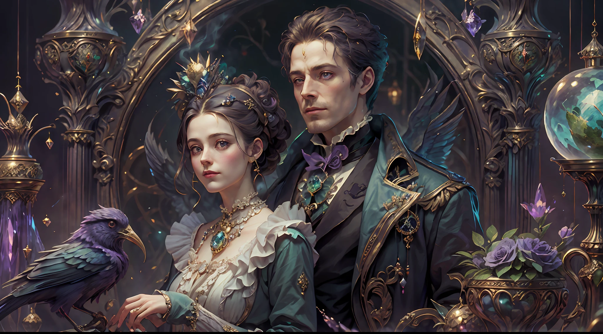 a young, A handsome and beautiful aristocratic couple runs a magic shop in the Age of Steam Magic，head looking up，florals，The bird，A plant，crystal sphere，magic item，victorian aristocrat，purple flower，ultra-realistic realism