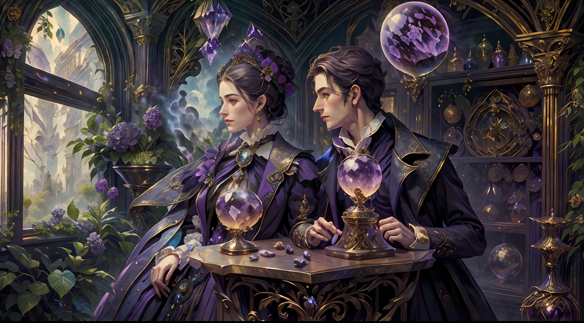 a young, A handsome and beautiful aristocratic couple runs a magic shop in the Age of Steam Magic,head looking up,florals,The bird,A plant,crystal sphere,magic item,victorian aristocrat,purple flower,ultra-realistic realism