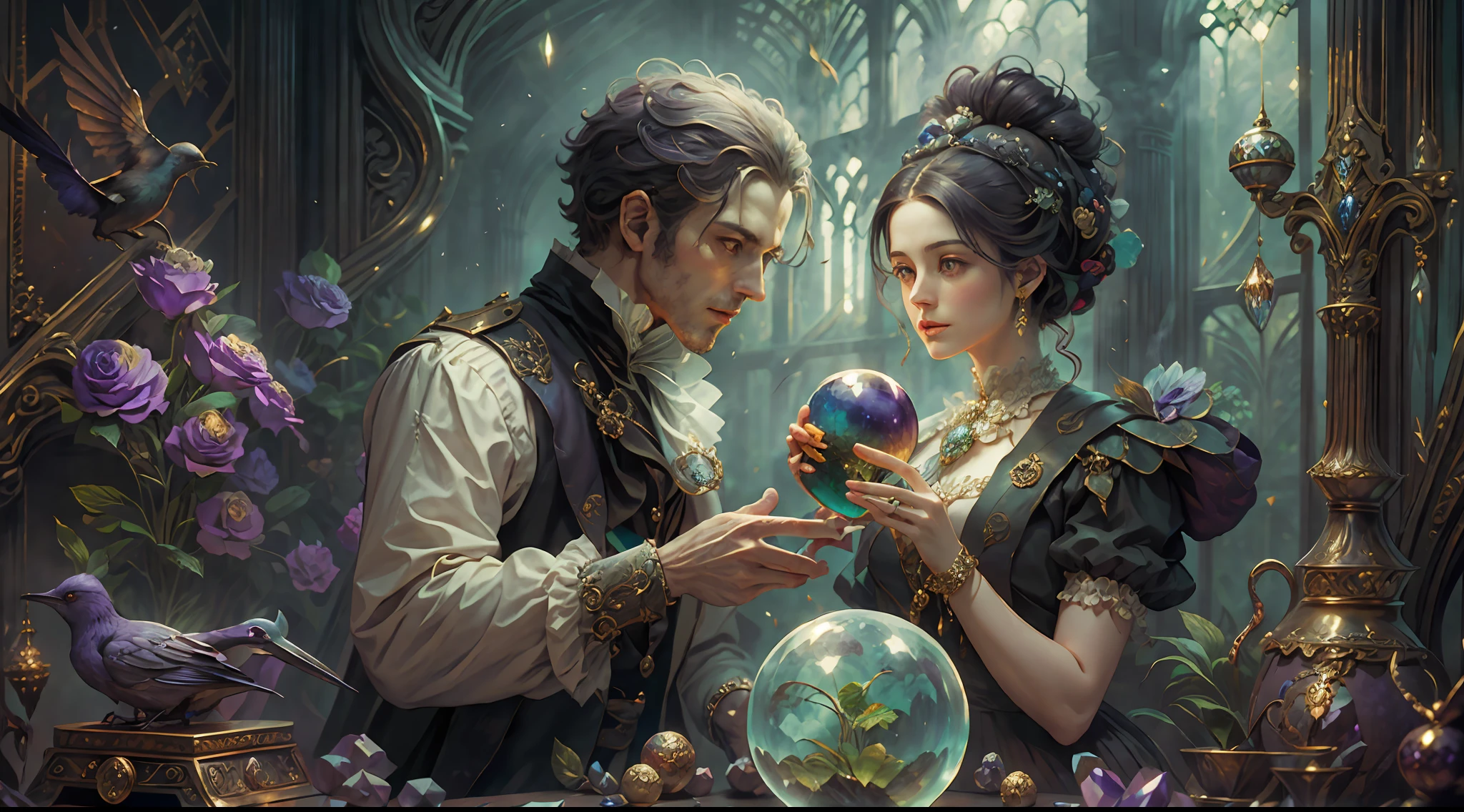 a young, A handsome and beautiful aristocratic couple runs a magic shop in the Age of Steam Magic,head looking up,florals,The bird,A plant,crystal sphere,magic item,victorian aristocrat,purple flower,ultra-realistic realism