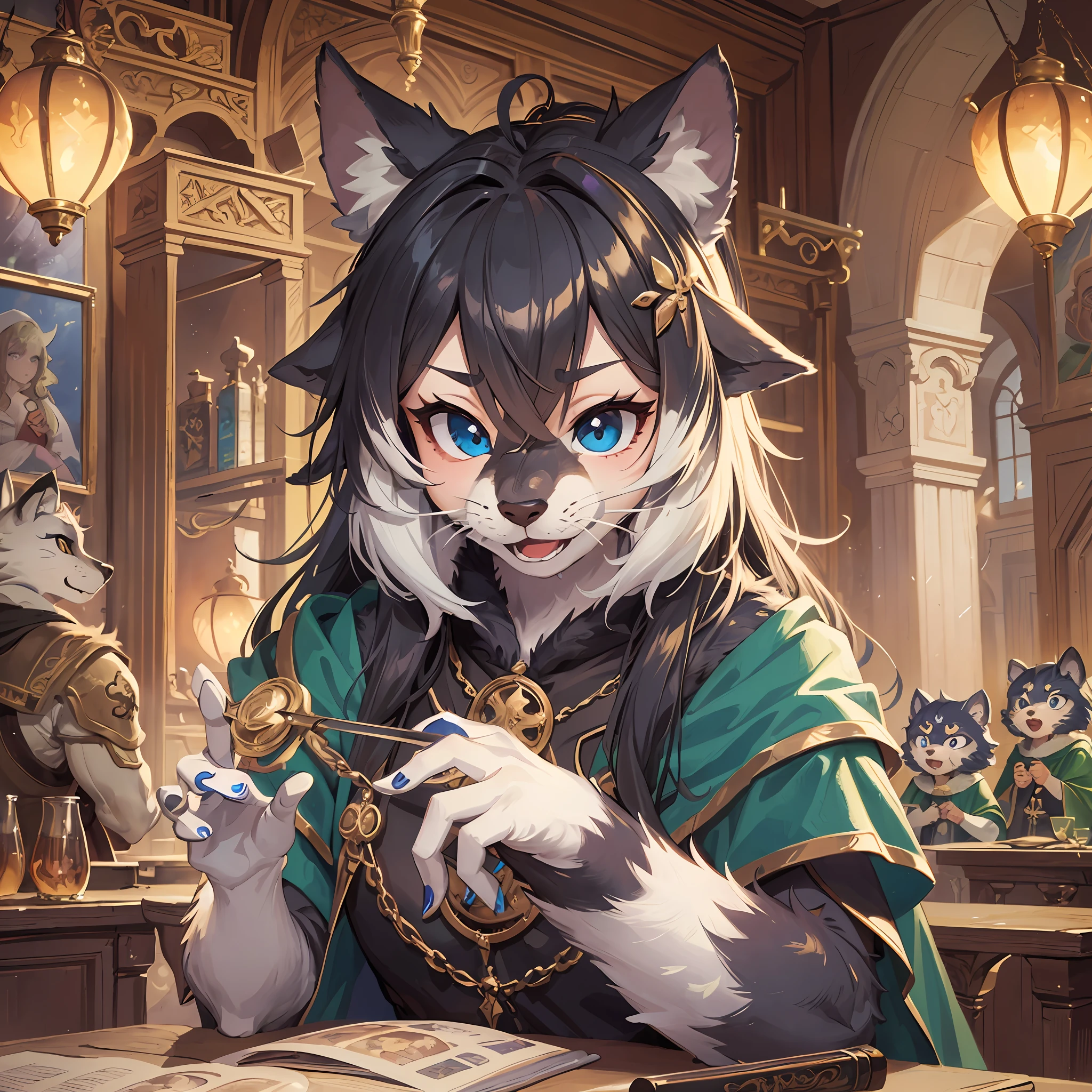 dynamic angle, top quality, best quality, High-quality illustrations, masterpiece, super high resolution, detailed background, detailed background, alchemist, medieval Europe, chandelle, group shot:0.1, 6+boys, 6+girls, absurdres(highly detailed beautiful face and eyes)perfect anatomy, expression, good lighting, cinematic shadow(kemono, furry anthro),