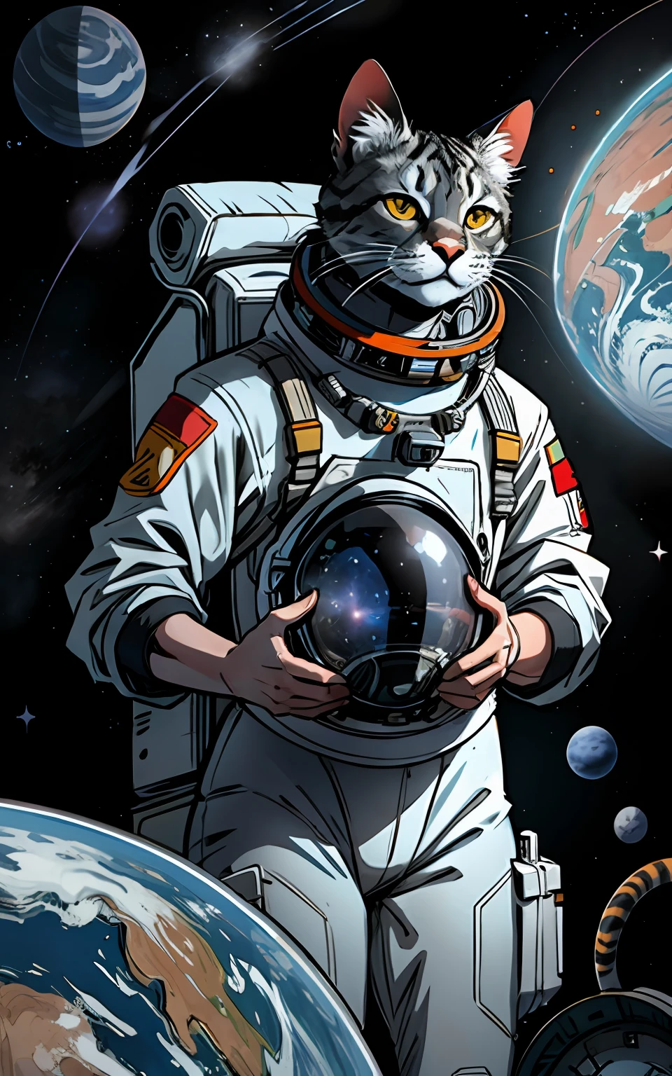 Animal, a Cat using astronaut helmet, Space, Planet, cluttered environment