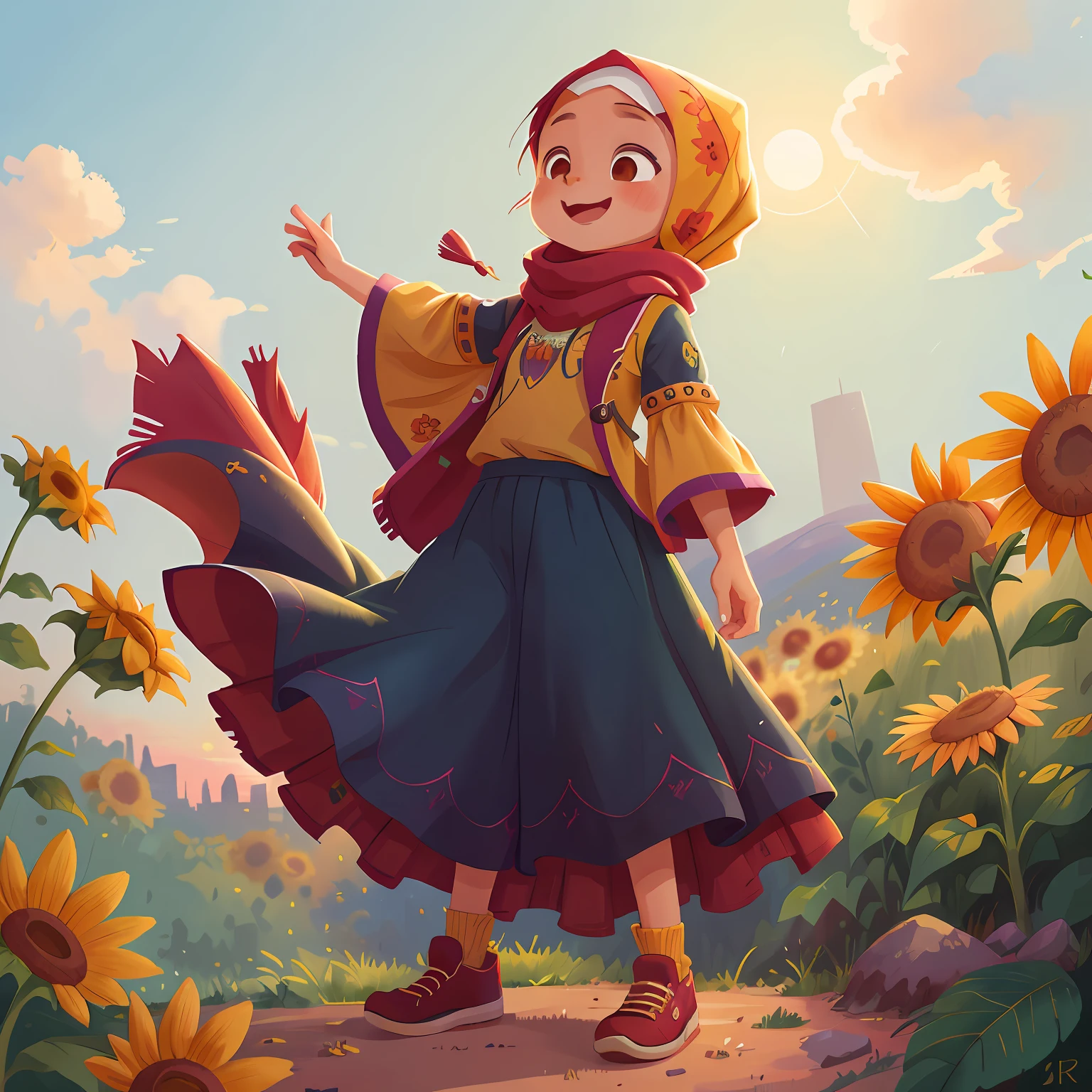 A hijab girl, long skirt, play in hill, sunflowers, sunset, smile, Watercolor, full body view, perfect quality, (masterpiece: 1.2)  (Bokeh background) (Best quality) (Detailed Skin: 1.3) (Intricate Details) (8K) (Detail Eyes) (Sharp Focus), (Happy), best lighting