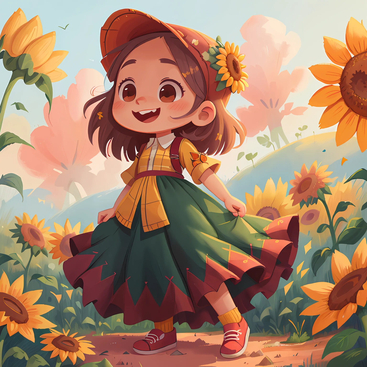 A hijab girl, long skirt, play in hill, sunflowers, sunset, smile, Watercolor, full body view, perfect quality, (masterpiece: 1.2) (Bokeh background) (Best quality) (Detailed Skin: 1.3) (Intricate Details) (8K) (Detail Eyes) (Sharp Focus), (Happy), best lighting