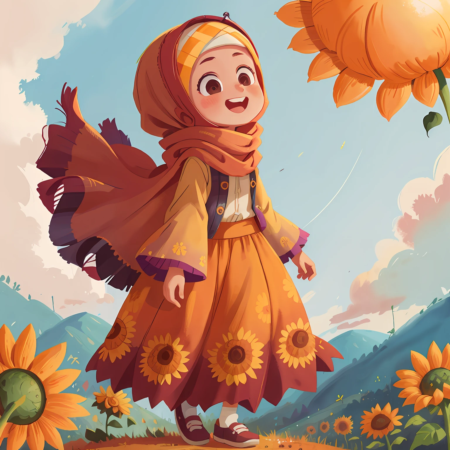 A hijab girl, long skirt, play in hill, sunflowers, sunset, smile, Watercolor, full body view, perfect quality, (masterpiece: 1.2)  (Bokeh background) (Best quality) (Detailed Skin: 1.3) (Intricate Details) (8K) (Detail Eyes) (Sharp Focus), (Happy), best lighting
