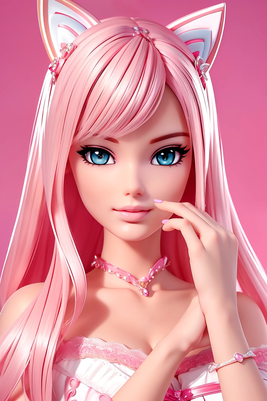 barbie, high quality fingers, normal hands, detailed fingers,masterpiece, (realistic, photo-realistic:1.37), small waist, beautiful face, perfect illumination, beautiful detailed eyes,looking at viewer, stunningly beautiful woman, detailed hairstyle, link hair, pink cat ears