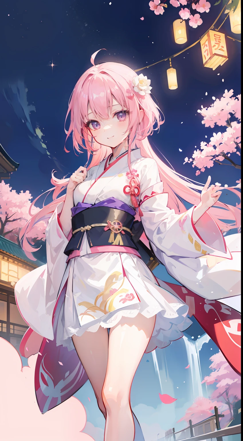 young and cute girl、The facial features are delicate and correct，（（（in a kimono）））、light pink colored hair、Long silky hair，tmasterpiece、Top image quality、top-quality、Slender beautiful legs，white stockings，Happy smile，（Artist painting，Makoto Shinkai's works），the night，fire works，grand ceremony，temple fair