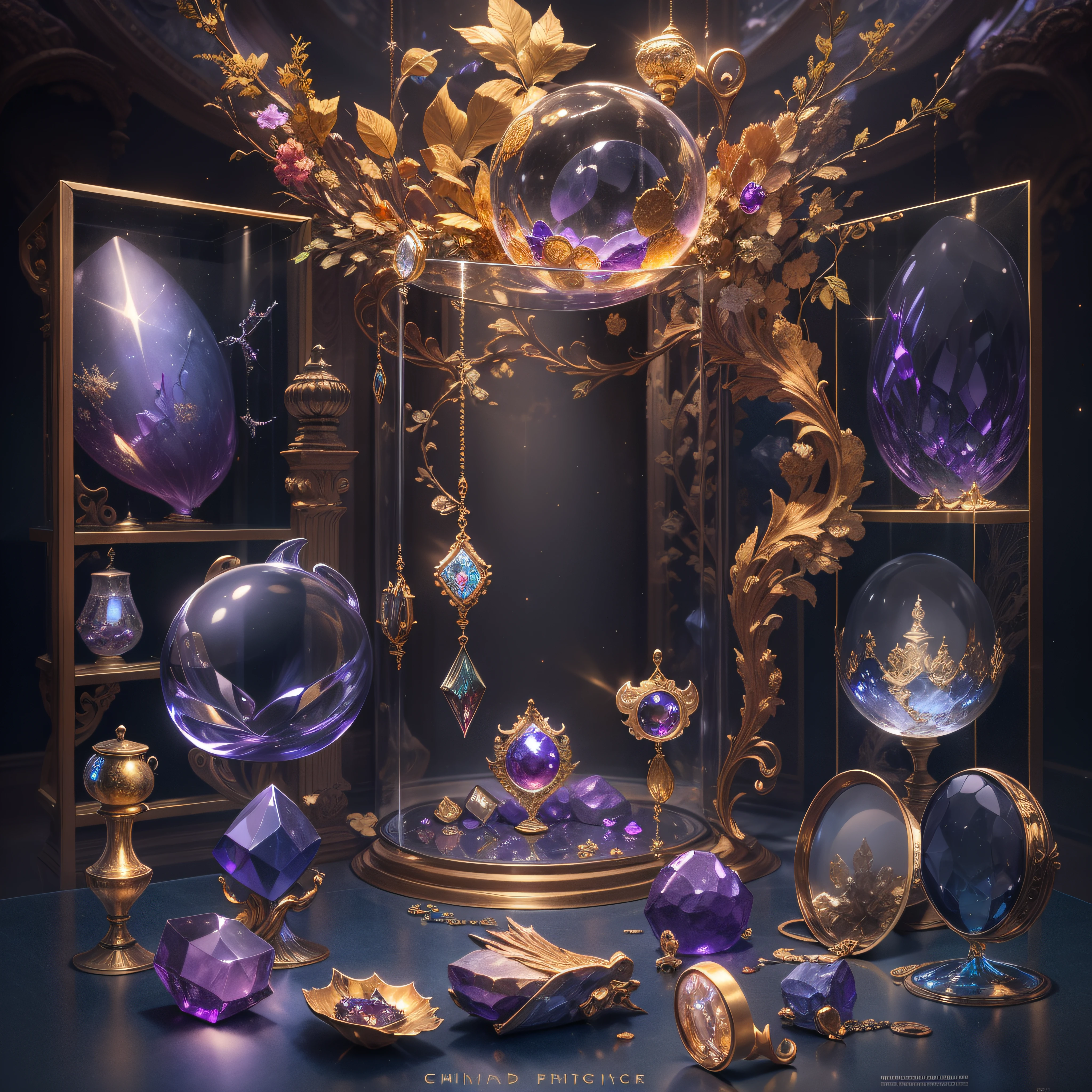Purple gold color scheme,(Full Focus),Antiques in display cases,Jewelry in a display case,Crystal gemstones in display case,Gold and silver products,magic item,Magic light particle effect,High-tech luxury, High-value jewelry,,High-value metals,luxury goods,Puzzles are prohibited, Detailed and complex background, glittery, reflective light, hyper HD, Award-Awarded, A high resolution, High detail, Chiaroscuro, Cinematic lighting, Masterpiece, Ray traching,structurally correct, Super detail, High quality, High details, Best quality, 16k