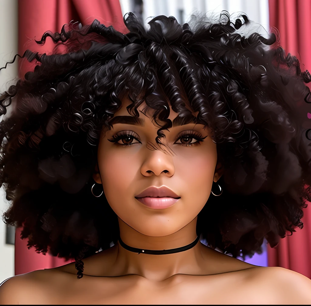 Um close up de uma mulher com um grande cabelo afro, com afro, grande afro, cabelos afro longos, afro encaracolado, cabelo afro, cabelos naturais, afro gigante!, afro, samurai bonito com afro, cabelo grande, flowing massive hair, com cabelo e pele texturizados, franja encaracolado, (cabelos cacheados escuros e curtos), cabelo encaracolado preto, franja fofa, cabelos fofos