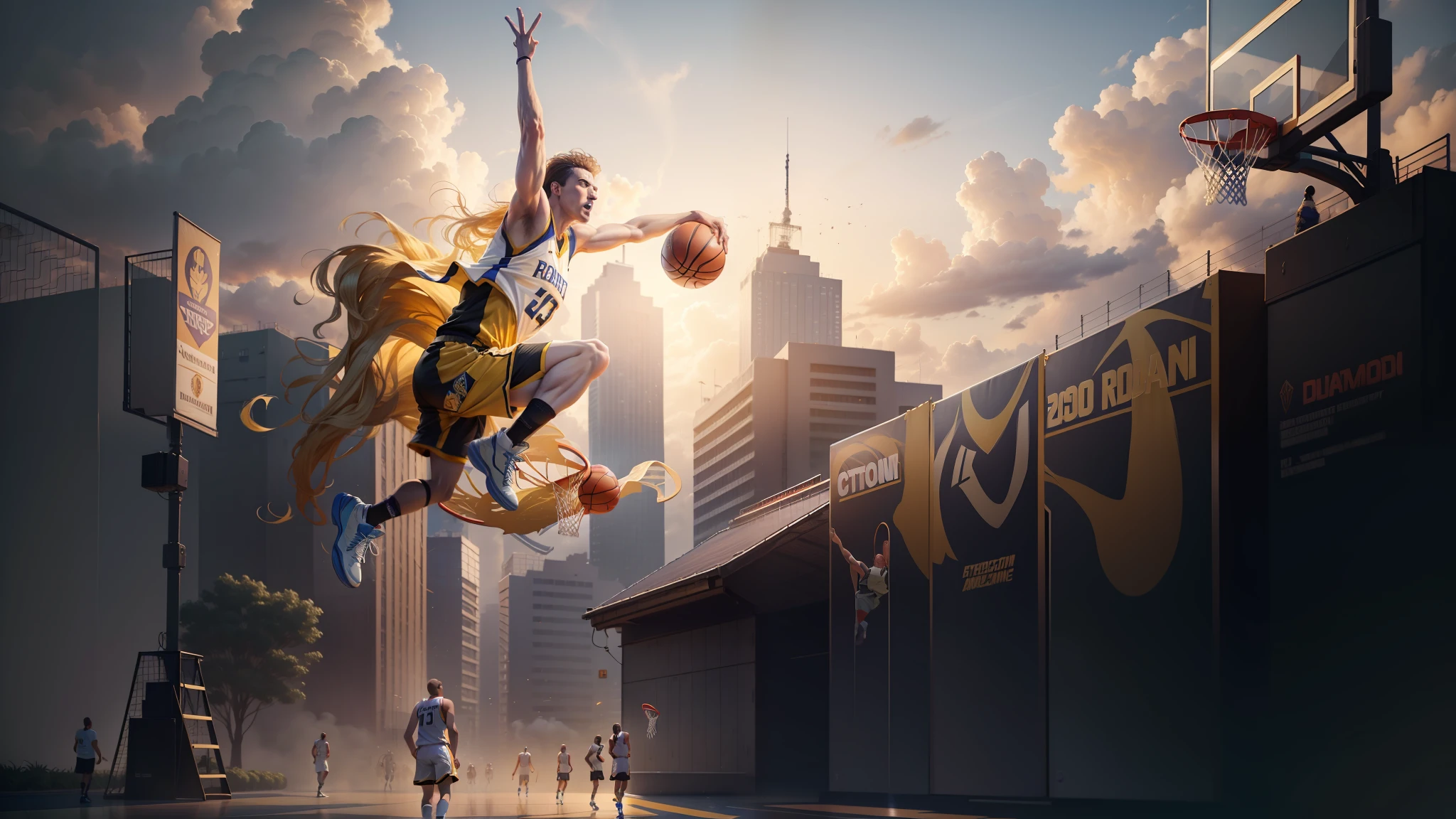 basketball，Male players，Basketball game，Match websites，Basketball hall，Dunk，Solo，Present dynamic basketball game scenes。IvoryGoldAI