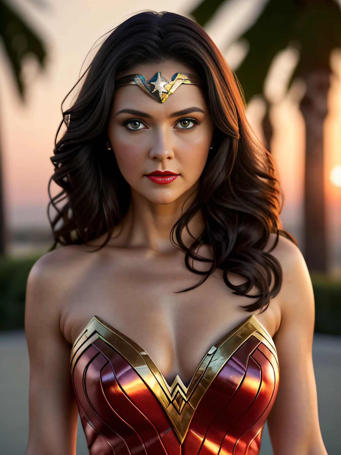 photo of beautiful young woman Lynda Carter as Wonder Woman 1970s, (blue eyes), posing for a photo, Sexy girl, lovely woman, pretty woman, beautiful woman, stunning woman, casual pose, beautiful girl , attractive girl, sexy look, pretty girl, beautiful picture, (red lips lipstick), elegant makeup, sunset, style by (Steve McCurry), Nikon Z FX Device, lens EF 70mm, cinematic lighting, studio backdrop, style long exposure, long shot type, vibrant color scene, photorealistic, intrinsic, beautiful face, ultra-detailed face, perfect body, (((full body))), Flawless, realistic, highly detailed, art station, trend, master piece, realistic face, realistic skin, detailed eyes, great art, ultra realistic n-9 render, 4k, 8k, 16k, 20K, HDR, UHD, 64k, perfect lighting, studio lighting, photorealistic, hyper realistic, symmetrical face, unreal engine, Bokeh, High resolution scanning, professional photography
