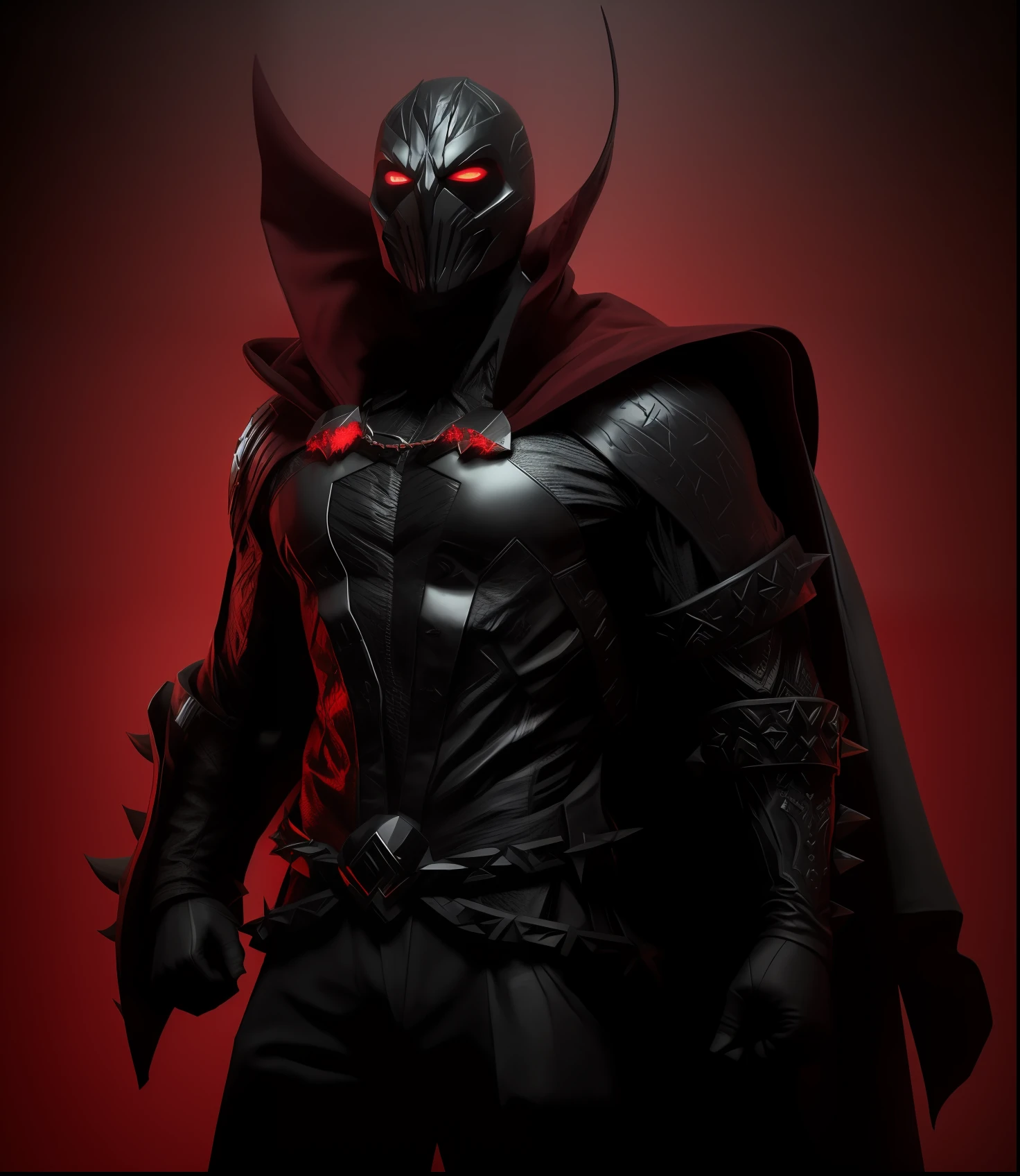 Arafed macho em um traje preto e vermelho com uma capa vermelha, GERAR, David Tennant como Spawn, Todd McFarlane, black octane render, dark supervillain, Iconic character of high detail, simbionte, arte do personagem do motor irreal, nightmare render, Retrato do Professor Sinistro, menacingly. irreal 5, Mórbio, menacing stare, menacing appearance