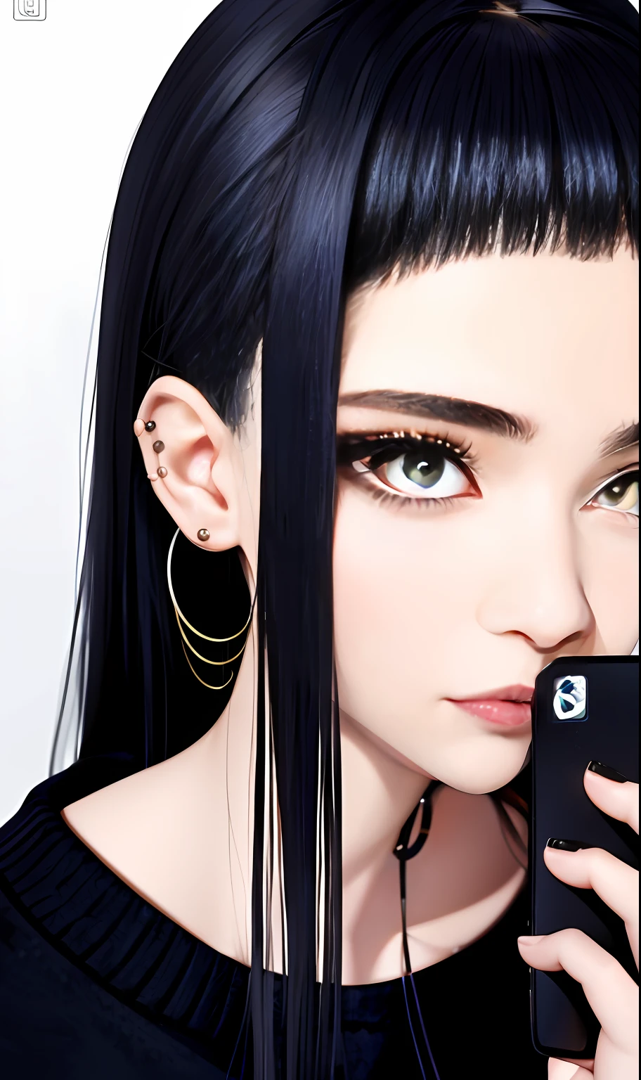 there's a woman who's looking at a cell phone, mall goth, piercing stare, 1 7 - year - old goth girl, no facial features, taken in the early 2020s, com olhos furantes ansiosos, imagem de qualidade muito baixa, face reta, apenas algumas franjas, cabelo, cara de, usando espinhos e piercings