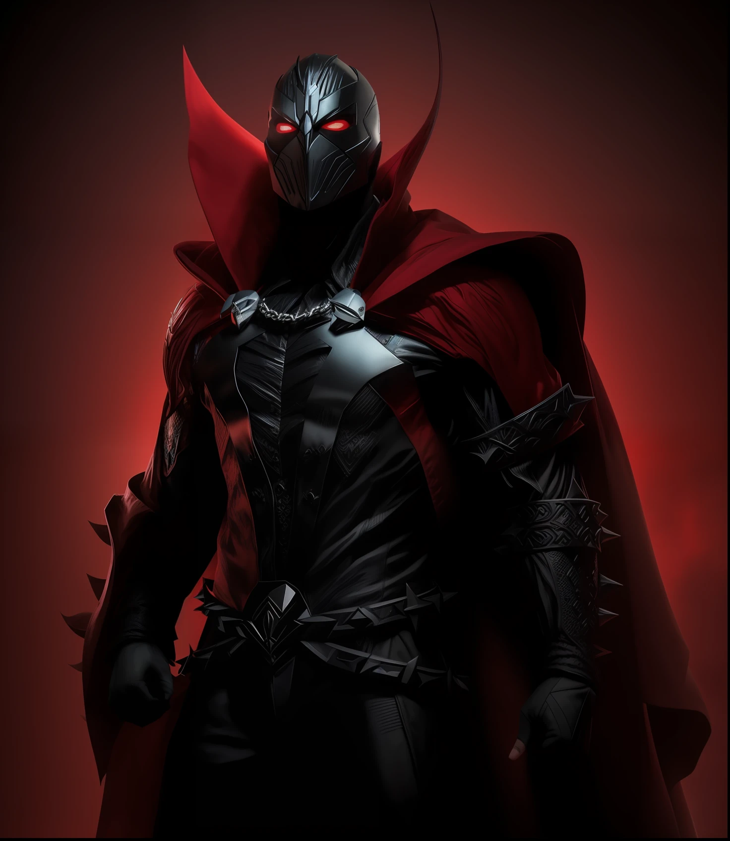 Arafed macho em um traje preto e vermelho com uma capa vermelha, GERAR, David Tennant como Spawn, Todd McFarlane, black octane render, dark supervillain, Iconic character of high detail, simbionte, arte do personagem do motor irreal, nightmare render, Retrato do Professor Sinistro, menacingly. irreal 5, Mórbio, menacing stare, menacing appearance
