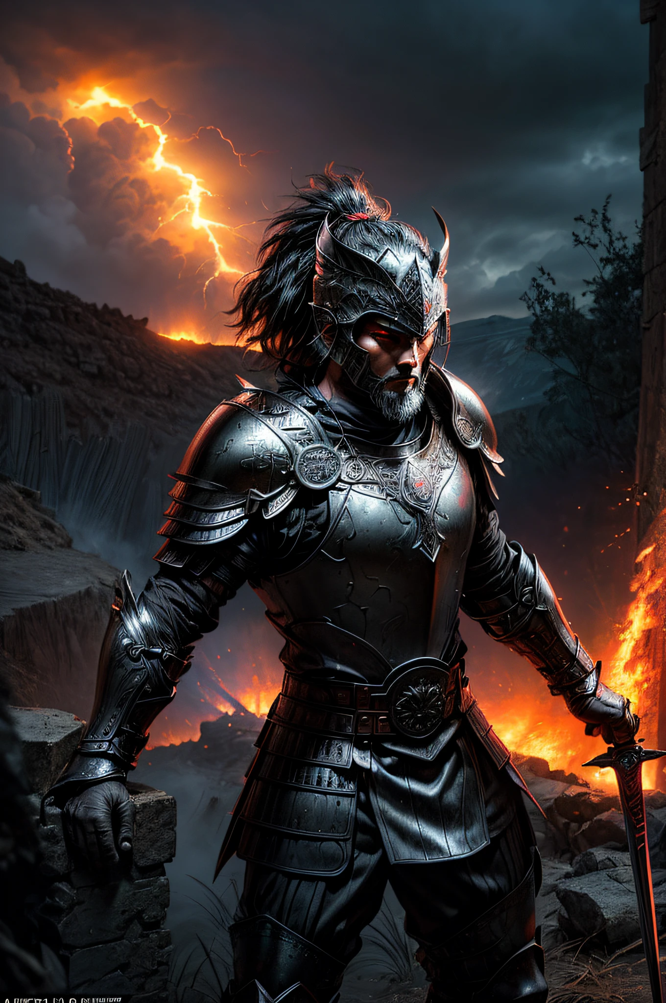 (masterpiece, high resolution, CGI:1.4), (CGI rendering of a medieval warrior dressed in full Berserker armor, inspired by the manga "Berserk":1.2), (Sony Alpha 1 camera, known for capturing exceptional detail in CGI: 1.2 ), (paired with the Sony FE 24-70mm f/2.8 GM lens for a dynamic and striking composition: 1.2), (the warrior dressed in formidable Berserker armor, exuding strength and power: 1.1), (his helmet with red intense glowing lights in the eye openings, emanating an aura of danger: 1.2), (Sony Alpha 1 camera capturing the intricate luminous neon details on the Berserker armor and the burning landscape: 1.2), (the warrior's eyes hidden behind the red light bright, adding the air of mystery: 1.2), (his firm grip on the hilt of a mythical greatsword, ready for battle: 1.1), (the huge sword adorned with mythical runes with intricate glowing lights and carvings exuding pure energy that vaporizes in the air, hinting at his historical past: 1.1), (standing on a desolate volcanic terrain, with lava flows and smoke in the background: 1.1), (the fiery landscape reflecting the fierce and unyielding nature of the warrior: 1.1), ( a sense of desolation and determination evident in the warrior's stance: 1.1), (focus on the sword), (the CGI rendering creating a larger-than-life presence for the Berserker warrior: 1.1), (an image that captures the essence of a powerful and fearsome medieval warrior in a hostile and unforgiving environment: 1.1), (High-resolution CGI ensuring every detail, from the warrior's armor to the volcanic landscape, is meticulously portrayed: 1.1), Cinematic, hyper-detailed, insane detail, beautifully graded colors , Unreal Engine, DOF, Super-Resolution, Megapixel, Post-processing, Post-production, Tone mapping, CGI, VFX, SFX, Insanely detailed and intricate, Hyper maximalist, Hyper realistic, Volumetric, Photorealistic, ultra photorealistic, ultra detailed , Intricate Detail, 8K, Super Detailed , Full Color, Volumetric Lightning, HDR, Realistic,
