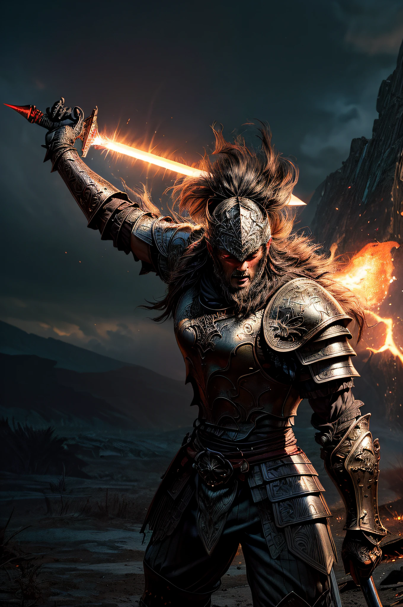 (masterpiece, high resolution, CGI:1.4), (CGI rendering of a medieval warrior dressed in full Berserker armor, inspired by the manga "Berserk":1.2), (Sony Alpha 1 camera, known for capturing exceptional detail in CGI: 1.2 ), (paired with the Sony FE 24-70mm f/2.8 GM lens for a dynamic and striking composition: 1.2), (the warrior dressed in formidable Berserker armor, exuding strength and power: 1.1), (his helmet with red intense glowing lights in the eye openings, emanating an aura of danger: 1.2), (Sony Alpha 1 camera capturing the intricate luminous neon details on the Berserker armor and the burning landscape: 1.2), (the warrior's eyes hidden behind the red light bright, adding the air of mystery: 1.2), (his firm grip on the hilt of a mythical greatsword, ready for battle: 1.1), (the huge sword adorned with mythical runes with intricate glowing lights and carvings exuding pure energy that vaporizes in the air, hinting at his historical past: 1.1), (standing on a desolate volcanic terrain, with lava flows and smoke in the background: 1.1), (the fiery landscape reflecting the fierce and unyielding nature of the warrior: 1.1), ( a sense of desolation and determination evident in the warrior's stance: 1.1), (focus on the sword), (the CGI rendering creating a larger-than-life presence for the Berserker warrior: 1.1), (an image that captures the essence of a powerful and fearsome medieval warrior in a hostile and unforgiving environment: 1.1), (High-resolution CGI ensuring every detail, from the warrior's armor to the volcanic landscape, is meticulously portrayed: 1.1), Cinematic, hyper-detailed, insane detail, beautifully graded colors , Unreal Engine, DOF, Super-Resolution, Megapixel, Post-processing, Post-production, Tone mapping, CGI, VFX, SFX, Insanely detailed and intricate, Hyper maximalist, Hyper realistic, Volumetric, Photorealistic, ultra photorealistic, ultra detailed , Intricate Detail, 8K, Super Detailed , Full Color, Volumetric Lightning, HDR, Realistic,