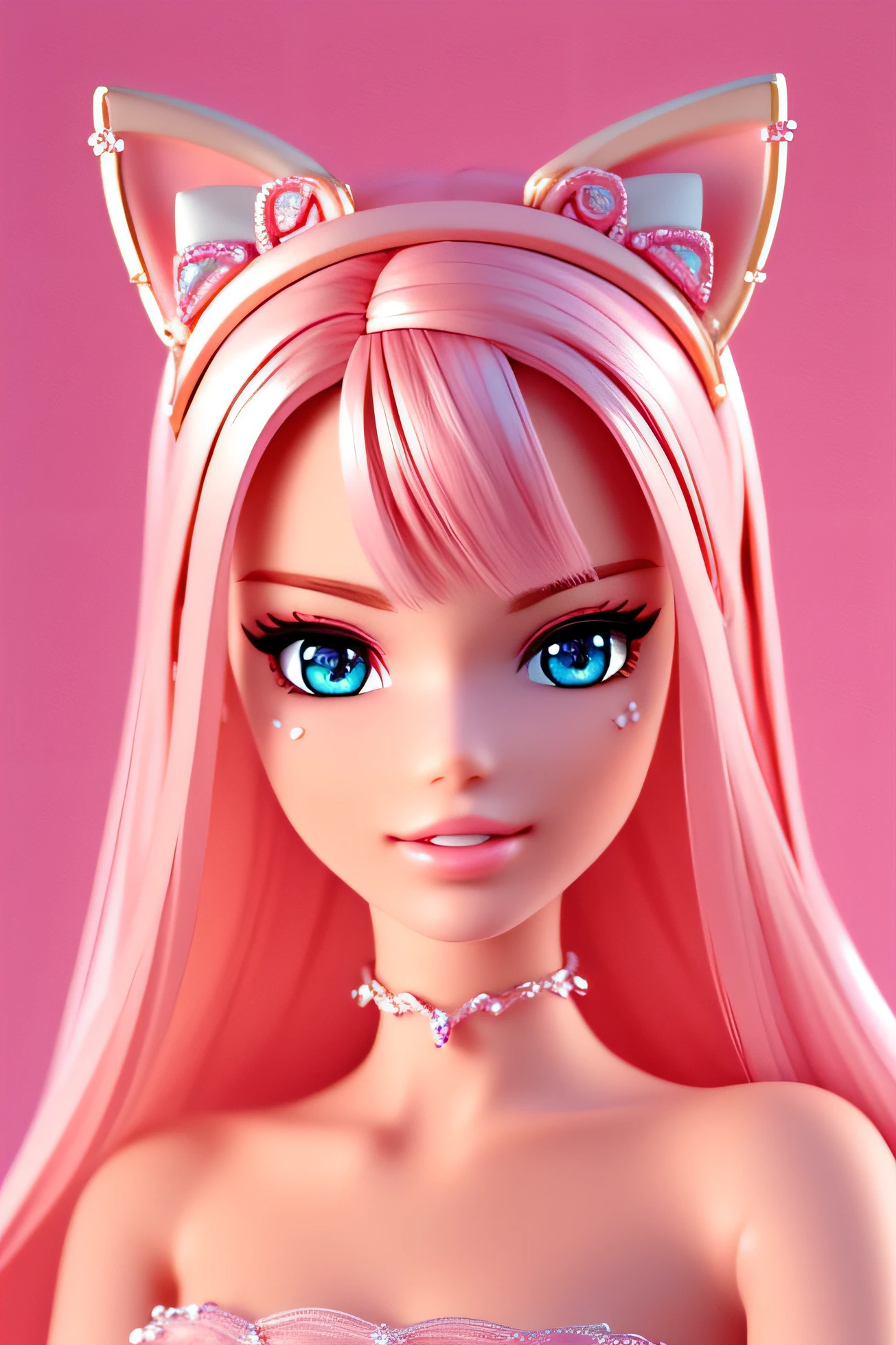 barbie, high quality fingers, normal hands, detailed fingers,masterpiece, (realistic, photo-realistic:1.37), small waist, beautiful face, perfect illumination, beautiful detailed eyes,looking at viewer, stunningly beautiful woman, detailed hairstyle, link hair, pink cat ears, full body