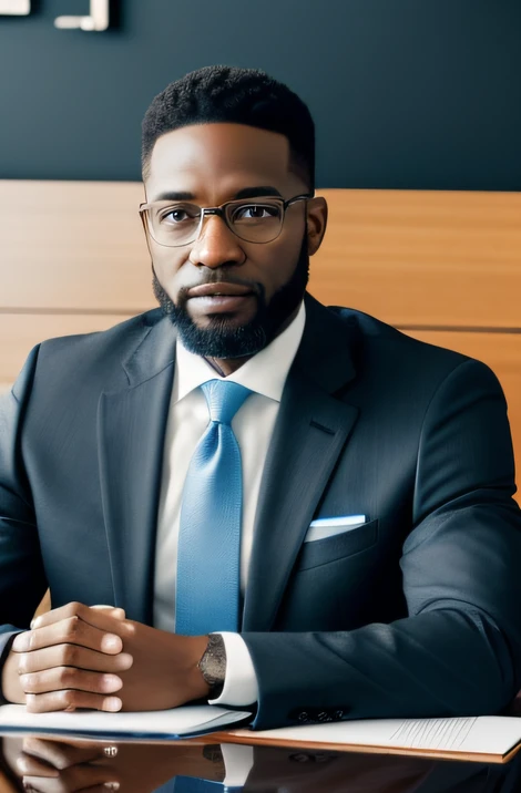 corporate environment, black man looking forward, in light blue suit, with clear glasses, with medium beard and with short waves style hair