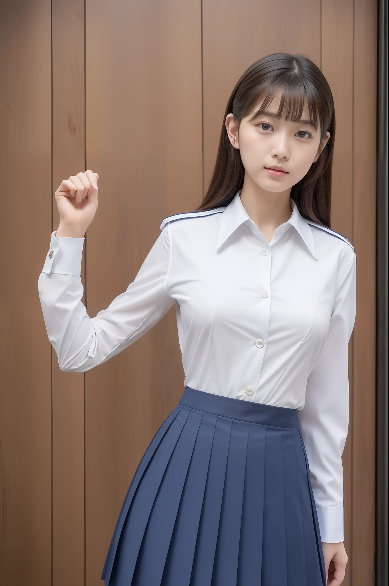 a beautiful detailed girl、extremely detailed eye and face、8k wallpaper、hi-school girl、((japanese hight school uniform))、(Clean body line)、(Toned waist)、Beautiful breasts、((Thin uniform in fabric))、(Underwear with showing through)、a 18 year old girl、Worn uniform、Angle from diagonally down、