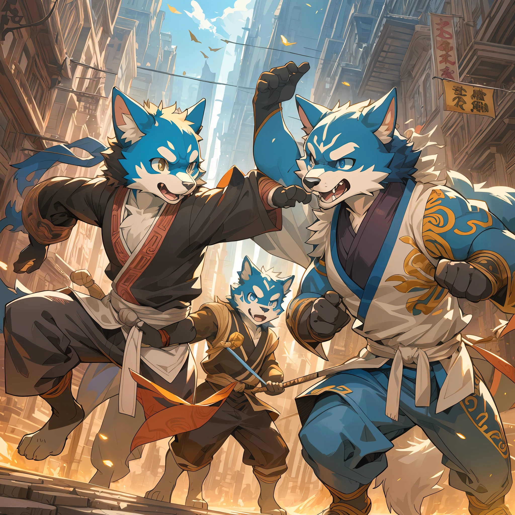 dynamic angle, top quality, best quality, High-quality illustrations, masterpiece, super high resolution, detailed background, detailed background, kung fu film, action, group shot:0.1, 6+boys, 6+girls, absurdres(highly detailed beautiful face and eyes)perfect anatomy, expression, good lighting, cinematic shadow(kemono, furry anthro),