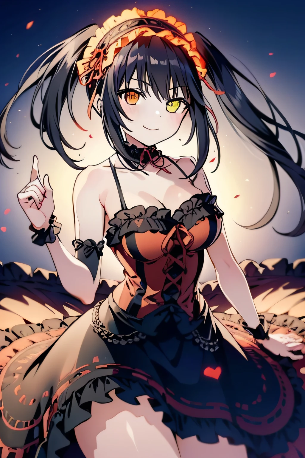 (((Best quality))), ((Ultra-detailed)), ((illustration)), ((Disheveled hair)), ((frilld)), (1 girl), (Solo),(Red left eye:1.2),(Heterochromic pupils),(yellow right eye:1.2),(Clock-shaped right eye:1.2),