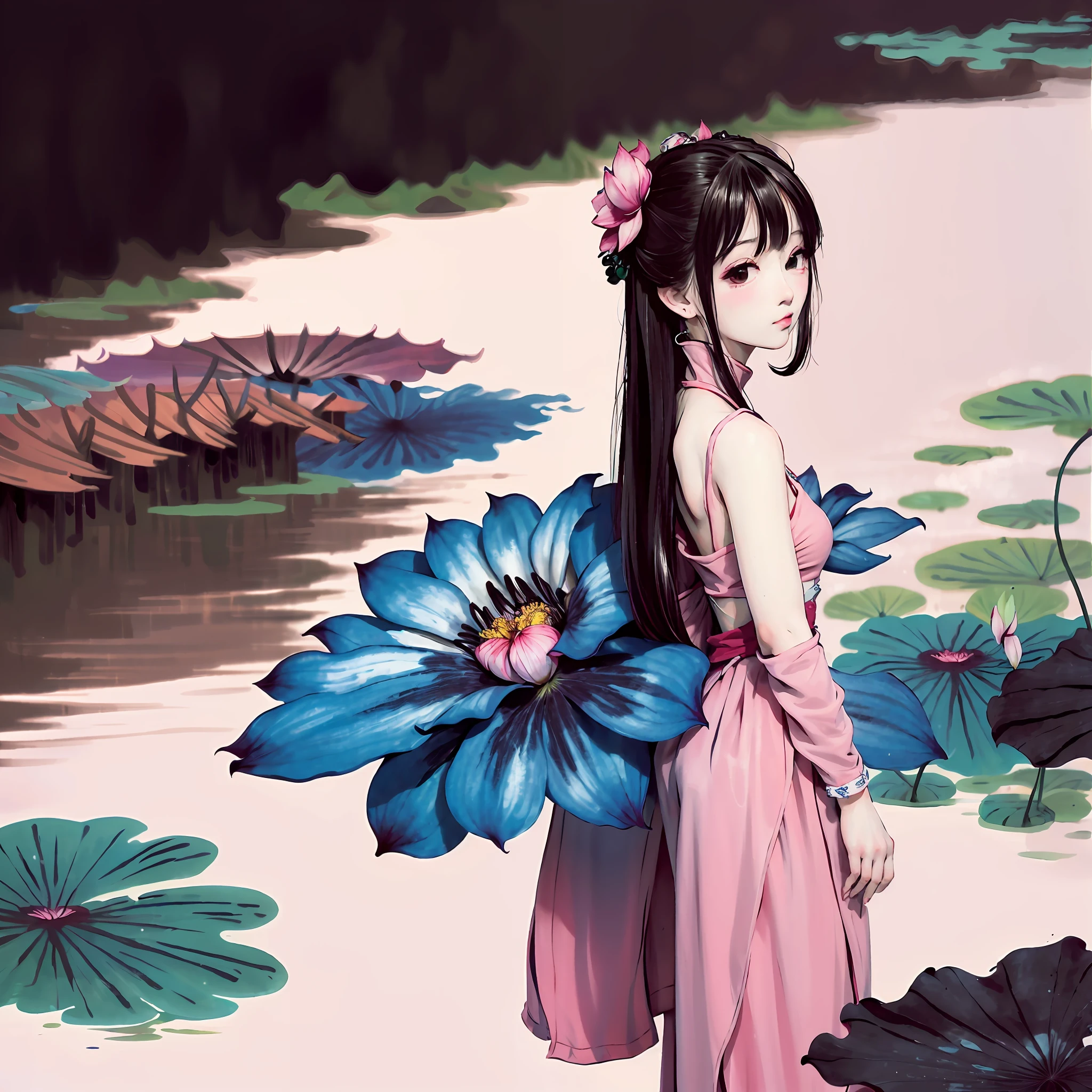 Chinese Painting Lotus Smile Standing in the Water Ink Long Hair Breeze Standing Looking Back