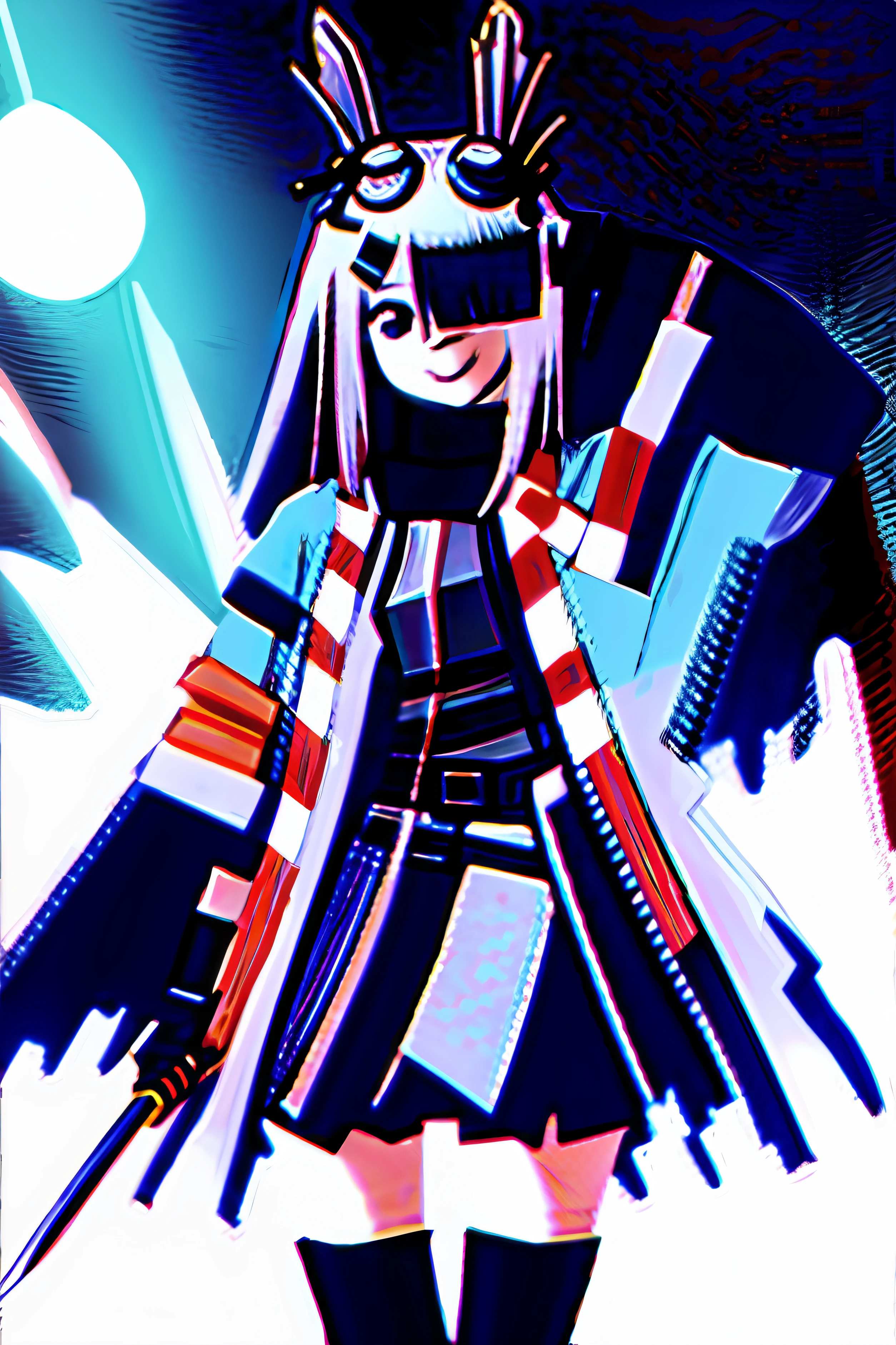 Japanese anime and manga style,Anime shoujo,The right eye is exposed,ssmile,Carbon steel knife in hand,quadratic element,adolable,Army coat short skirt,stocklings,Heteropupil,
