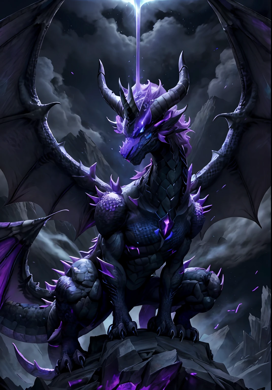 powerful dragon with black and purple scales, crystalline horns, dark aura, powerful creature, blue eyes, with a halo on top of the head, on top of a mountain, hatred, with open wings, with a broken horn