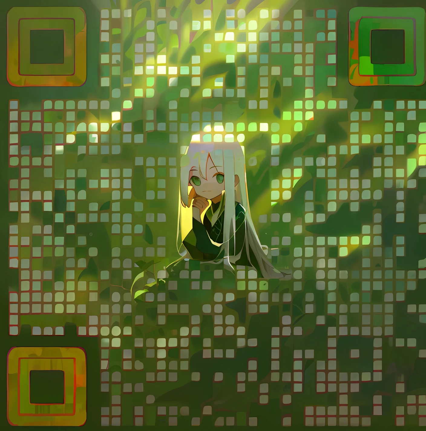 (masterpiece, best quality),1girl with long white hair sitting in a field of green plants and flowers, her hand under her chin, warm lighting, white dress, blurry foreground