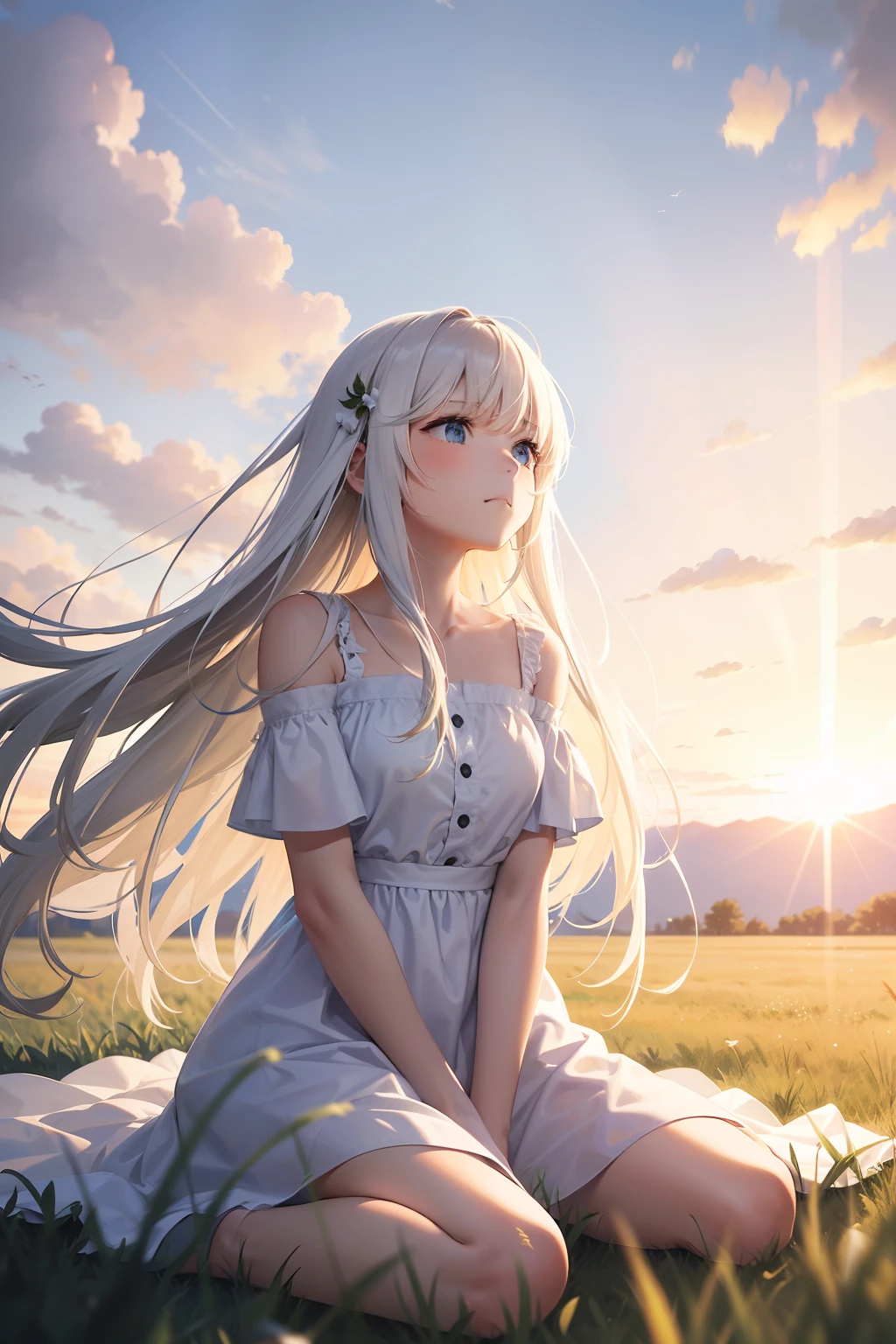 whaite hair,grassy fields,Look up,looking to sky,the sunset,Pure White Dress,Sitting on the Steppe,Slouching,thoughtfully