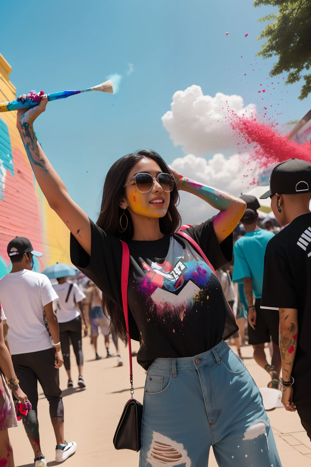 mulher Latina-americana, pele morena, roupas estilo streetwear curtas, feliz, em um festival de cores,  drops ink, with paint fumes, with several people participating and throwing paint powder towards the sky