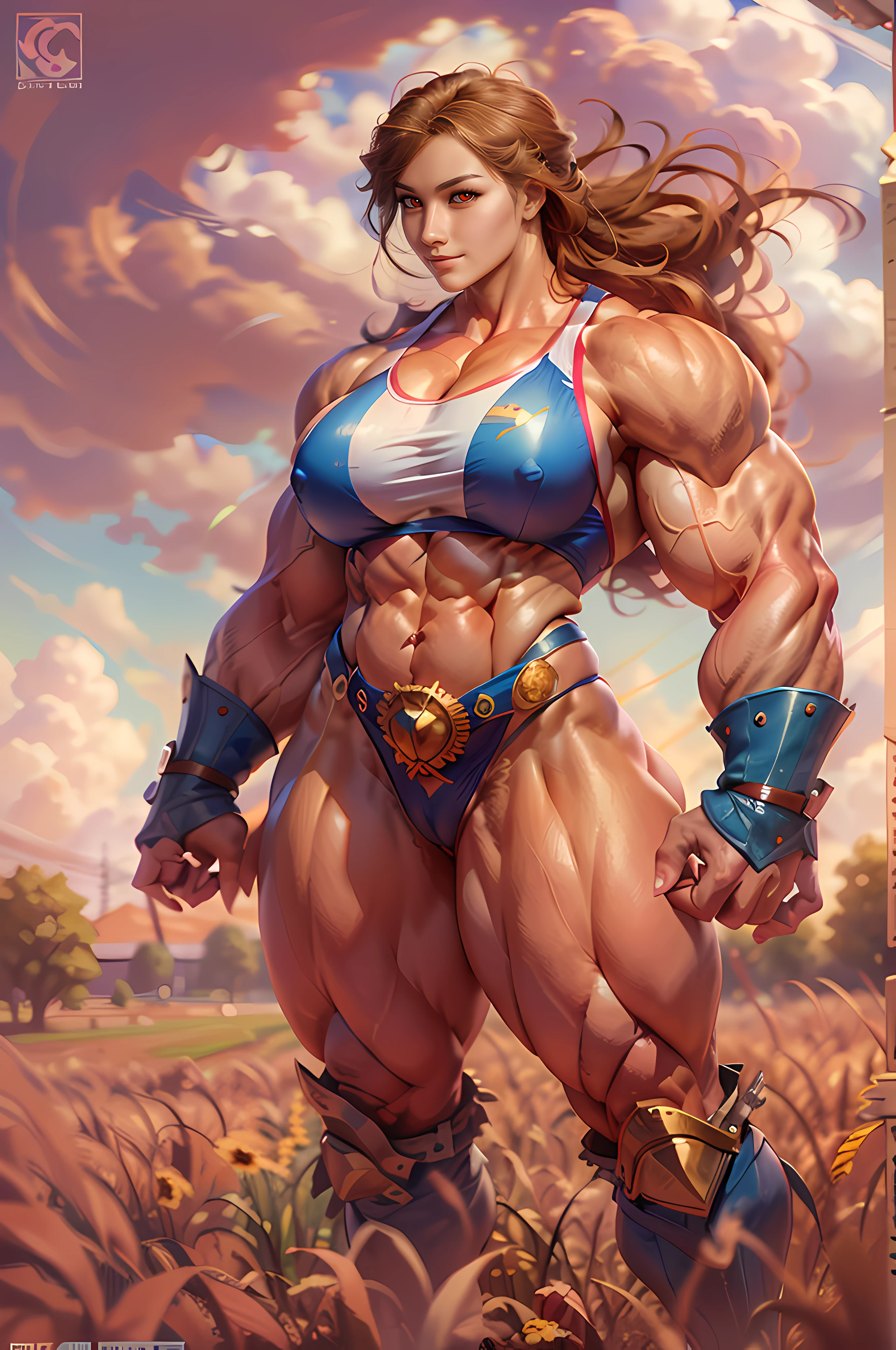 (beautiful face: 2), 25-year-old woman face, thick muscular neck, matching neck, matching trapezius muscles, matching hair style, slight smirk, neutral stare, glowing red eyes