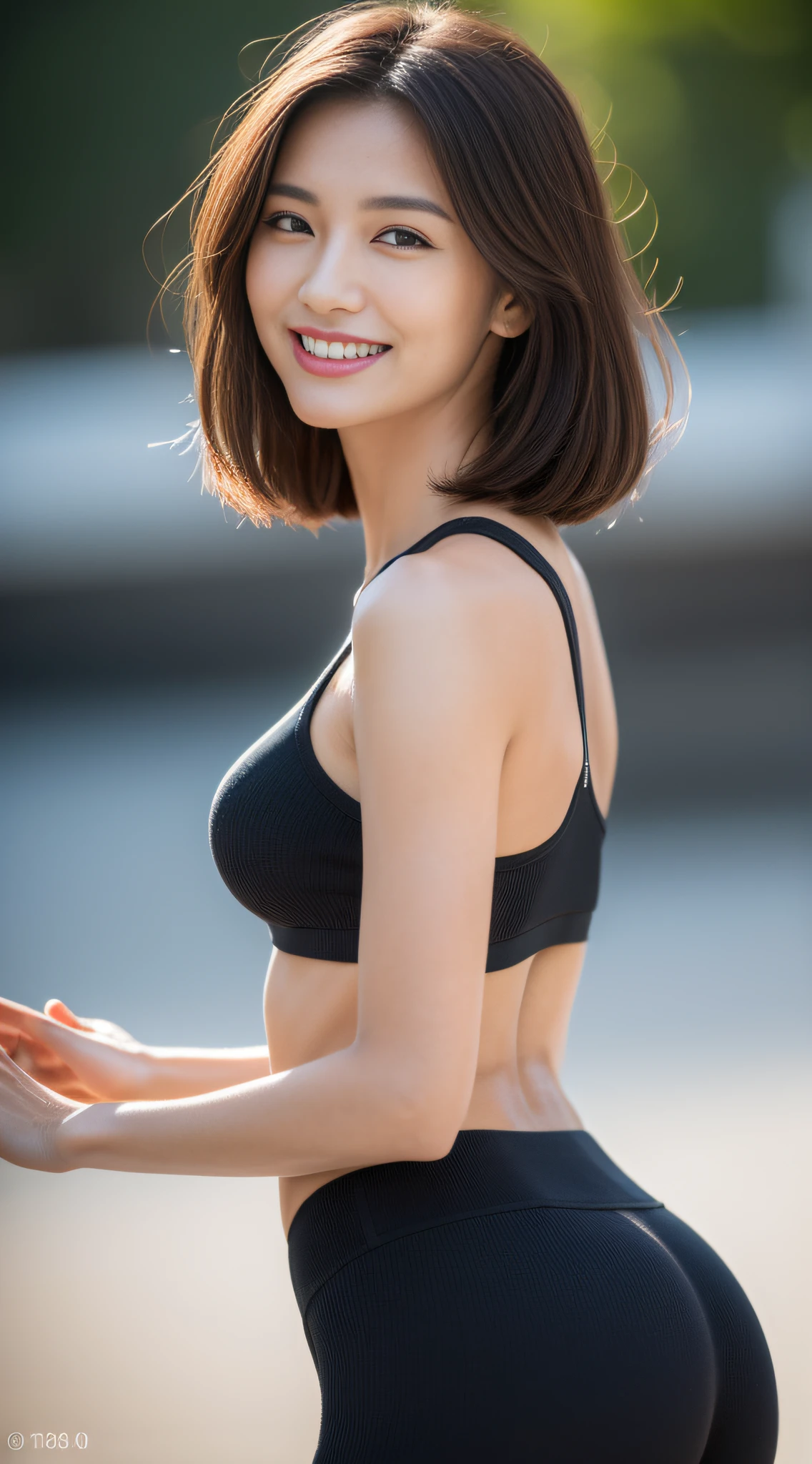 ((Best Quality, 8K, Masterpiece: 1.3)), a tall and beautiful woman, perfect figure: 1.4, slender abs, dark brown hairstyle, short hair, yoga pants, without any posture movements, standing straight, highly detailed face and skin texture, detailed eyes, double eyelids, smiling
