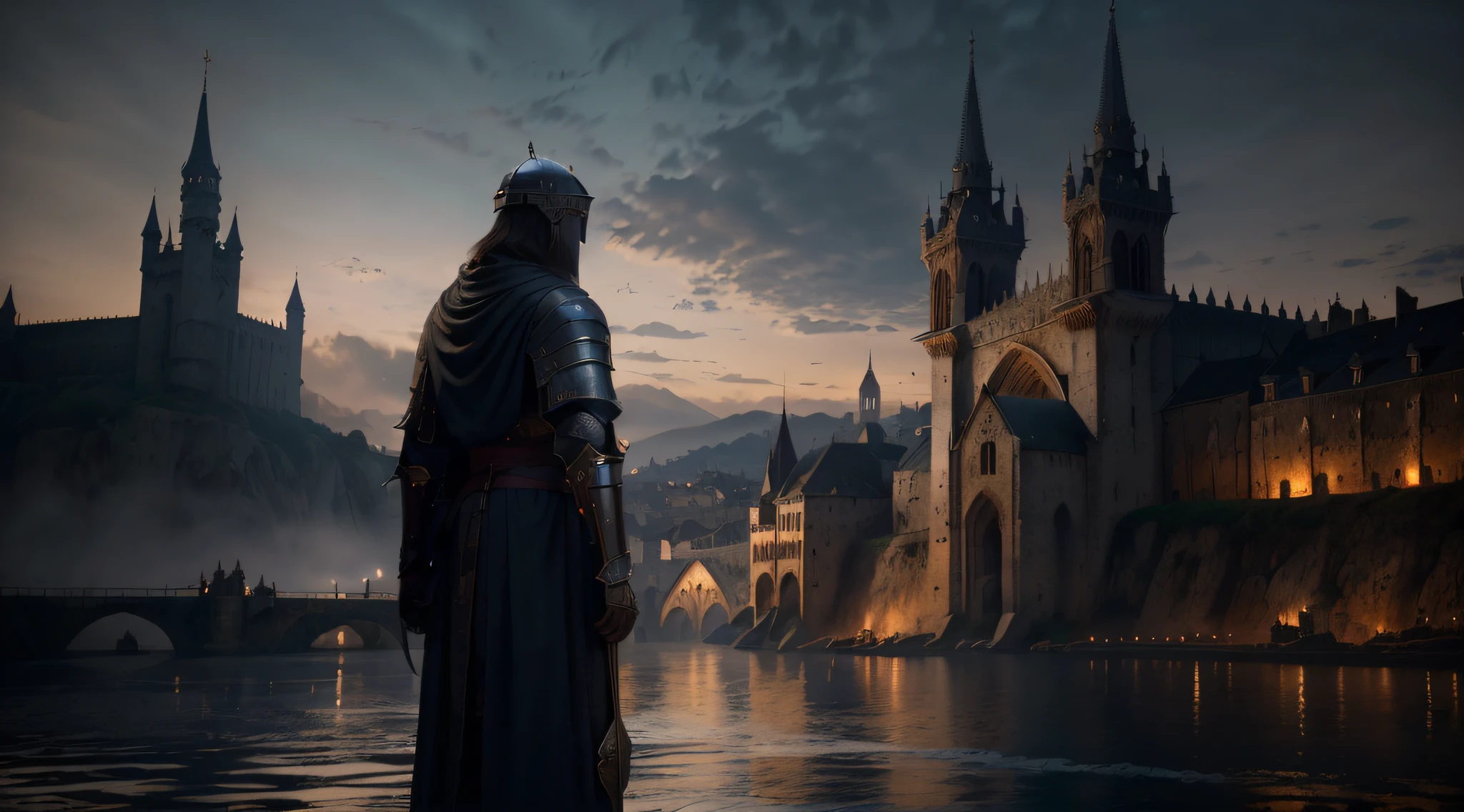uma cidade medieval no anos 1400, Dark cenario noite, intrincado, hyper realistic, 8k, intrinsecamente detalhado, cinemactic, Fotografias realistas impressionantes,