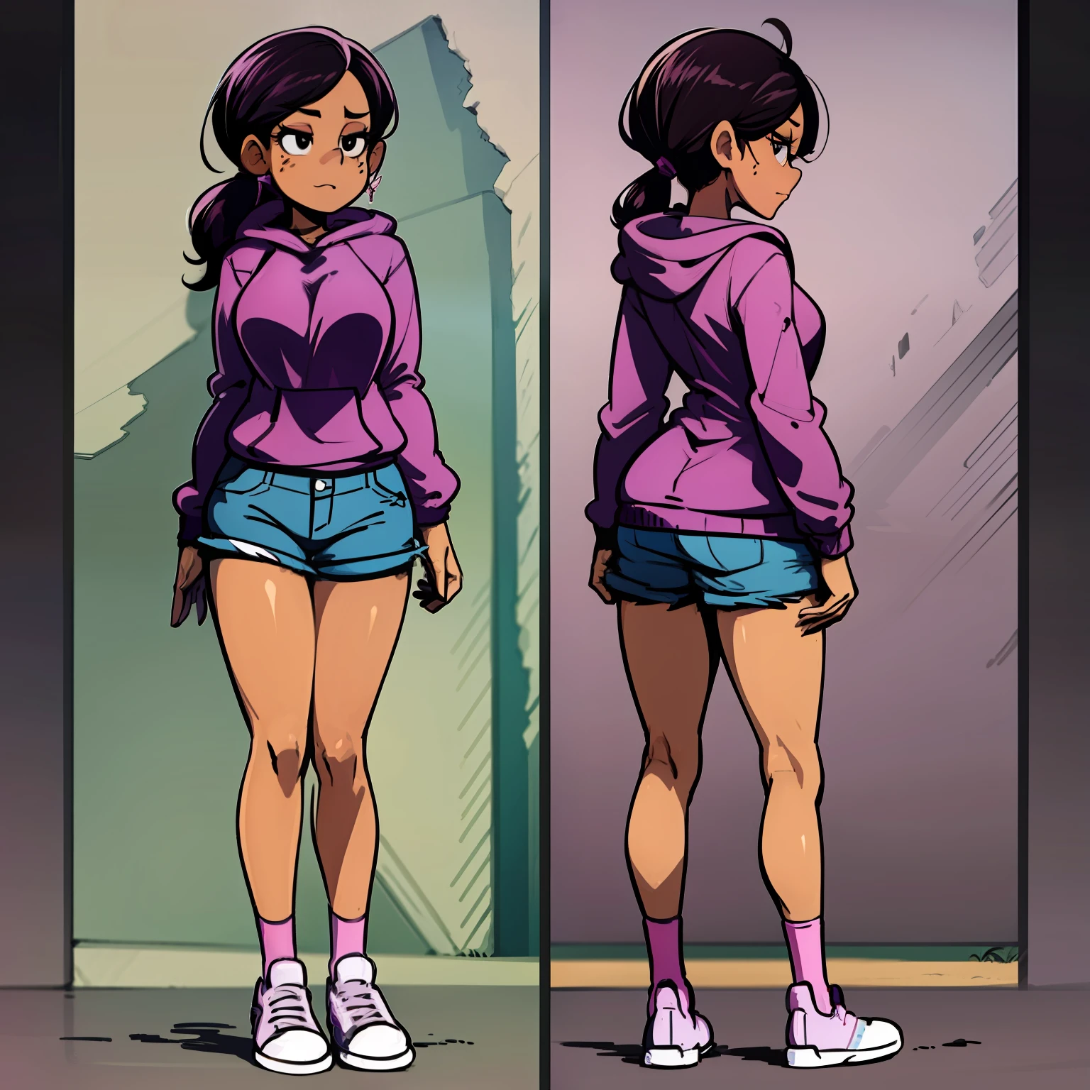 Ronnie Anne, purple hoodie, shorts, black eyes, ponytail, tanned skin, full body, curvy arms, defined legs, (same character front, back, side view)