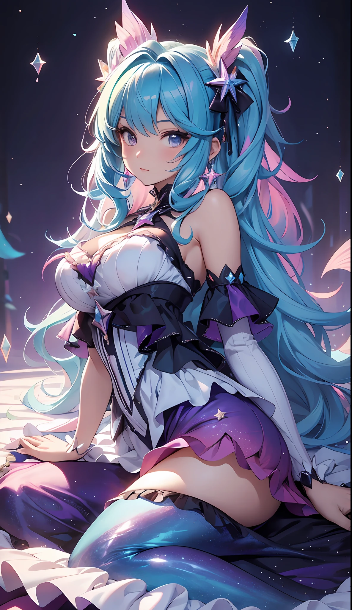 best qualityer,tmasterpiece,Ultimate resolution,downy,Extremely colorful,Colorful,Mermaid princess,ta dress,starrysky