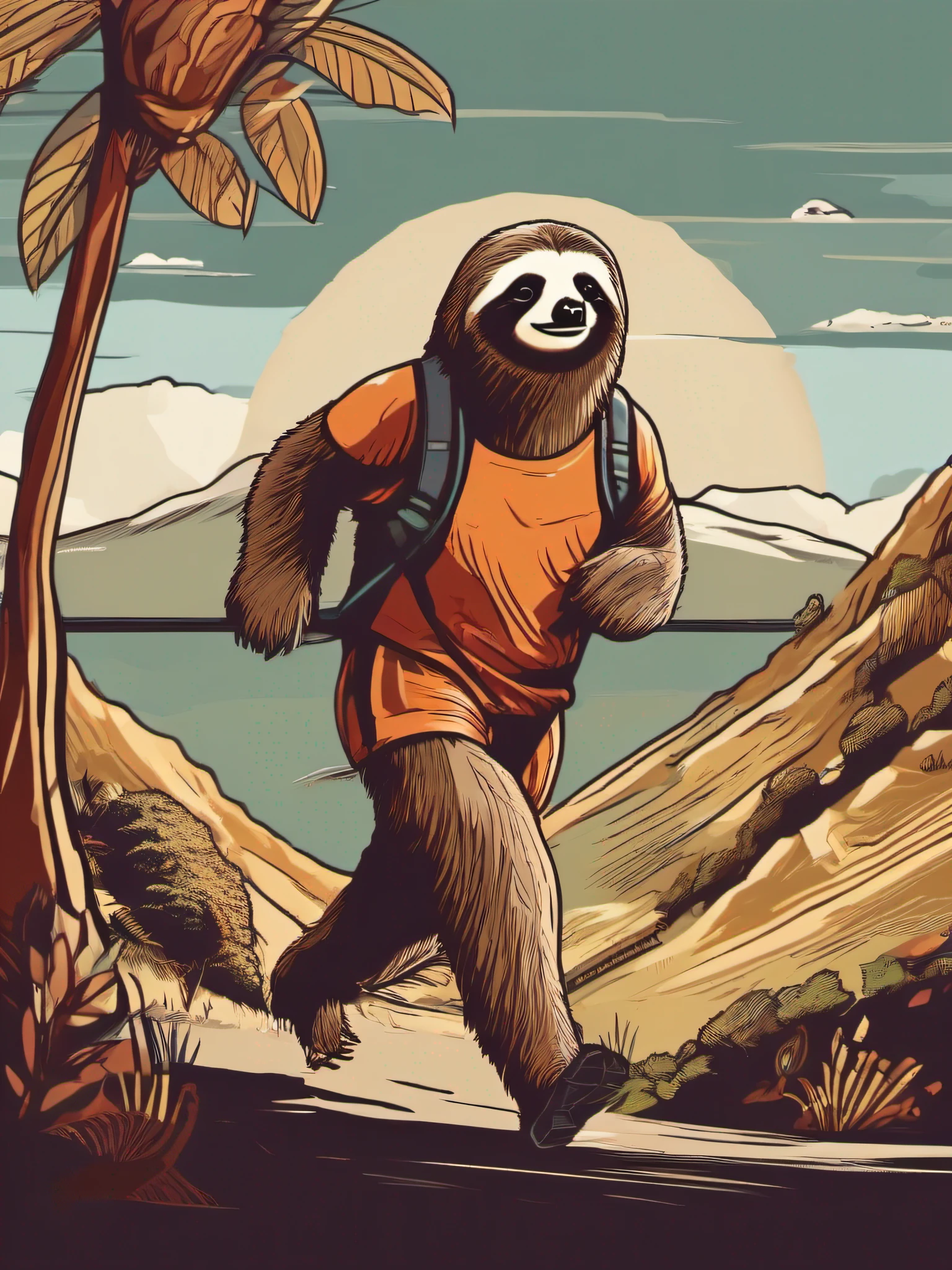 isolated vector-art t-shirt design of a sloth running a marathon with a sense of adventure and curiosity. The sloth should be portrayed as an explorer, with a backpack and a map, symbolizing the marathon as a journey of self-discovery. Use warm and earthy colors to convey a sense of exploration and connection to nature. The background can feature elements like mountains or scenic landscapes, inspiring a sense of wonder and excitement. This design prompts viewers to see the marathon as more than a race but as an enriching experience, isolated, no-background, in the style of 0mib