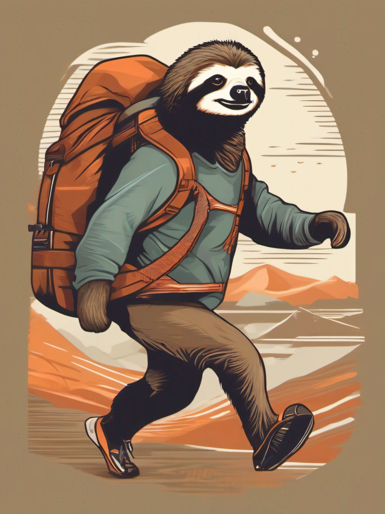 isolated vector-art t-shirt design of a sloth running a marathon with a sense of adventure and curiosity. The sloth should be portrayed as an explorer, with a backpack and a map, symbolizing the marathon as a journey of self-discovery. Use warm and earthy colors to convey a sense of exploration and connection to nature. The background can feature elements like mountains or scenic landscapes, inspiring a sense of wonder and excitement. This design prompts viewers to see the marathon as more than a race but as an enriching experience, isolated, no-background, in the style of 0mib