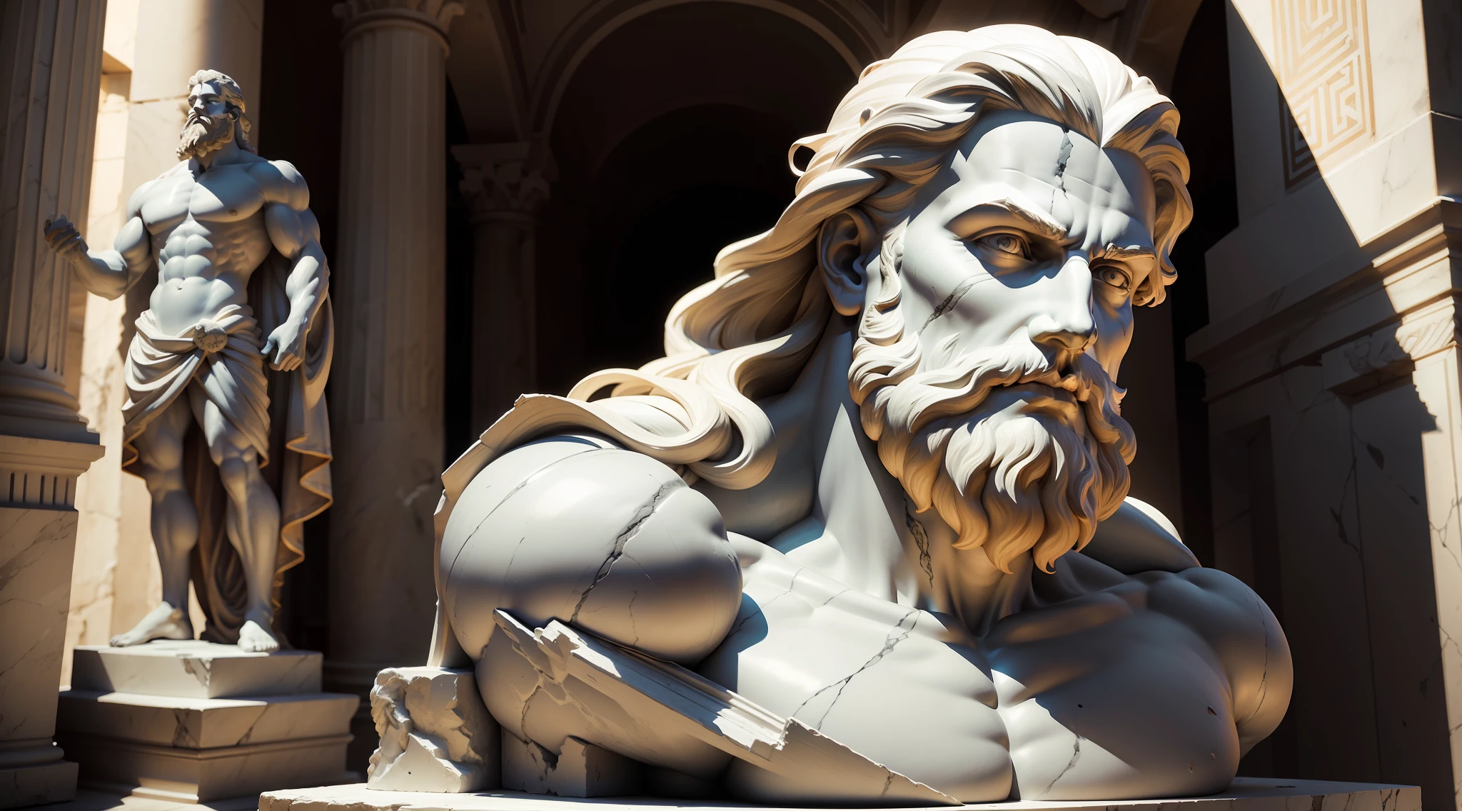 Zeus Greek statue portrait marble sculpture of a god face in a wrecked place, beard, muscular, cinematography, epic light and shadow, high contrast, professional photography