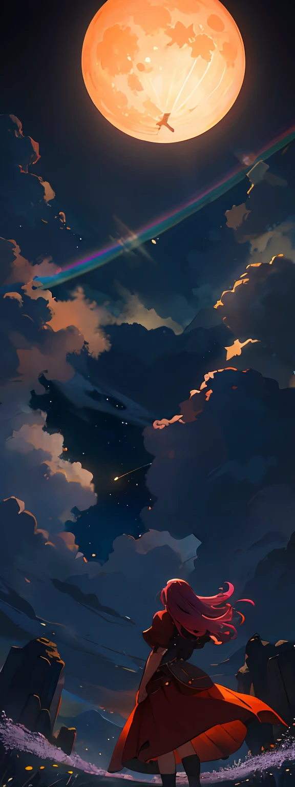 A wide landscape photo, (viewed from below, the sky is above, and the open field is below), a girl standing on a flower field looking up, (full moon: 1.2), (meteor: 0.9), (nebula: 1.3), distant mountains , Trees BREAK Crafting Art, (Warm Light: 1.2), (Firefly: 1.2), Lights, Lots of Purple and Orange, Intricate Details, Volumetric Lighting BREAK (Masterpiece: 1.2), (Best Quality), 4k, Ultra Detailed, (Dynamic Composition: 1.4), Rich in Detail and Color, (Rainbow Color: 1.2), (Glow, Atmospheric Lighting), Dreamy, Magical, (Solo: 1.2)