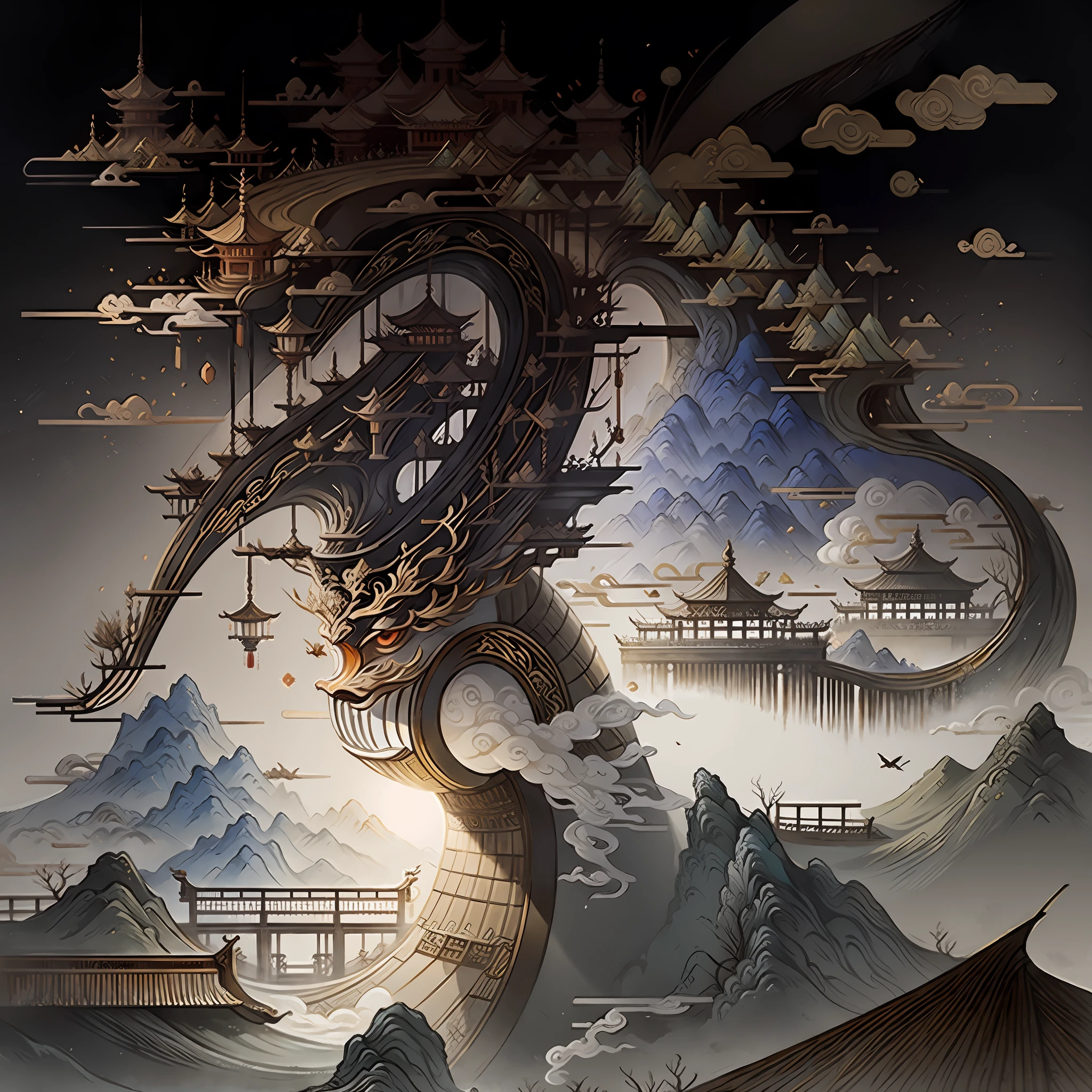 An ancient Chinese painting, ancient Chinese background, mountains, rivers, auspicious clouds, pavilions, sunshine, masterpieces, super detail, epic composition, ultra HD, high quality, extremely detailed, official art, unified 8k wallpaper, Super detail, 32k -- v 6