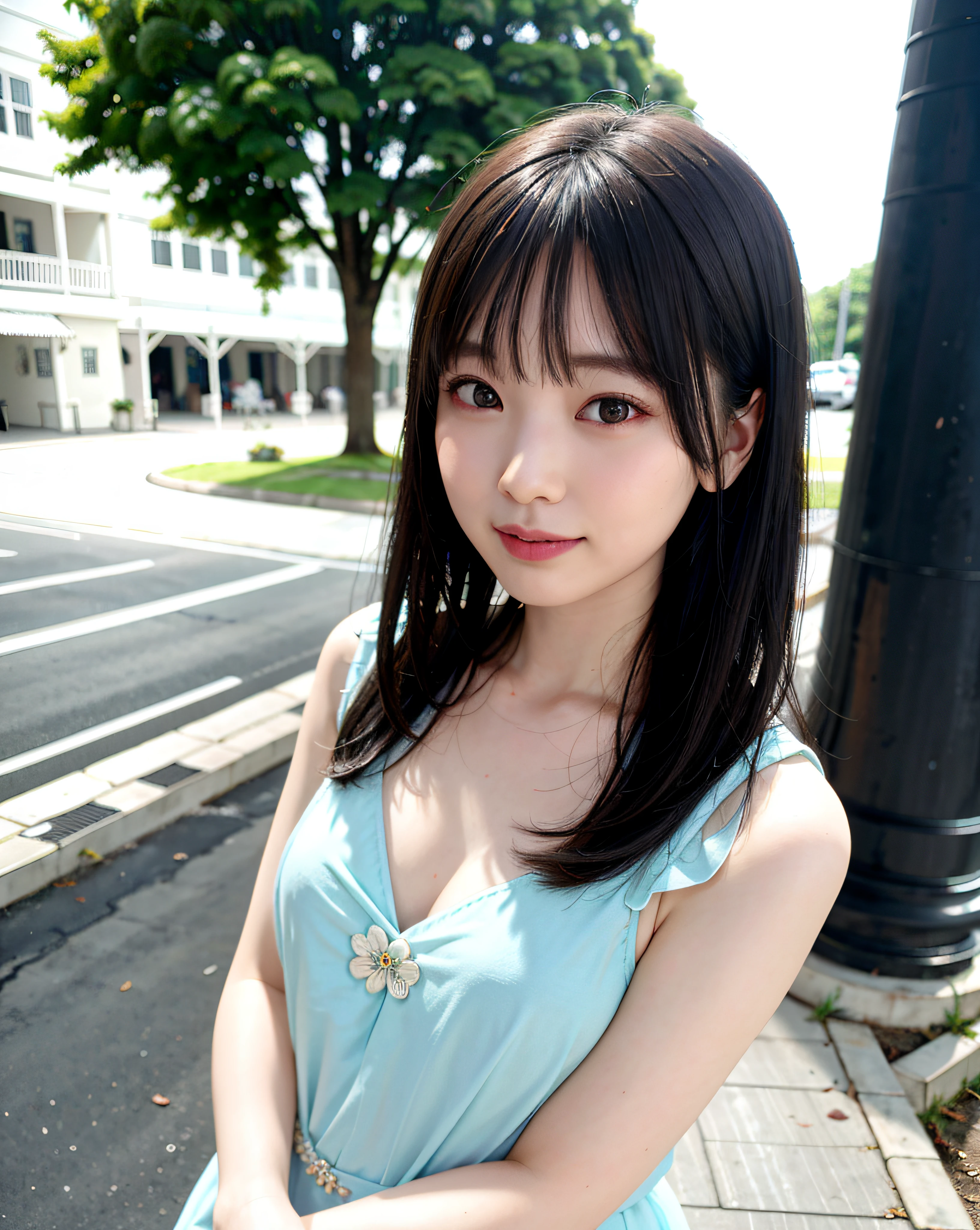 (tmasterpiece,超高分辨率,8K uhd,best qualtiy,RAW photogr,realisticlying,realisticlying,photo-realistic,Real Human),((1 girl)),tech sense,CG,unified,the wallpaper,offcial art,astounding,finely detailled,Extremely refined and beautiful,The is very detailed,highly detailed,Clear focus,rich background,vague background, Background bokeh,dingdall effect,(photon maping,Radio City,physically-based renderingt,automatic white balance),dark studio,edge lit,twotonelighting, DSLR, softlighting, high qulity, volumettic light,(((highdetailskin:1.2,Visible Pore))),((facial closeups))),((mediuml breasts:1.2)),20yr old,Chinese girls,A woman posing on a street corner in a light blue dress,Best quality at best,Large breasts,In the daytime,brightly,blur backgroun,Background bokeh,exteriors,(the street:0.8),(lace trimmed dresses:1.5,sleevelessdress,light blue clothes,light blue high-neck dress:1.2,a blue dress:1.5),opulent,(short detailed hair,forehead:1.2),Beautiful Details Sky,耳Nipple Ring,(dynamicposes:1.2), (The upper part of the body:0.8),ventania,shiny skins,ssmile