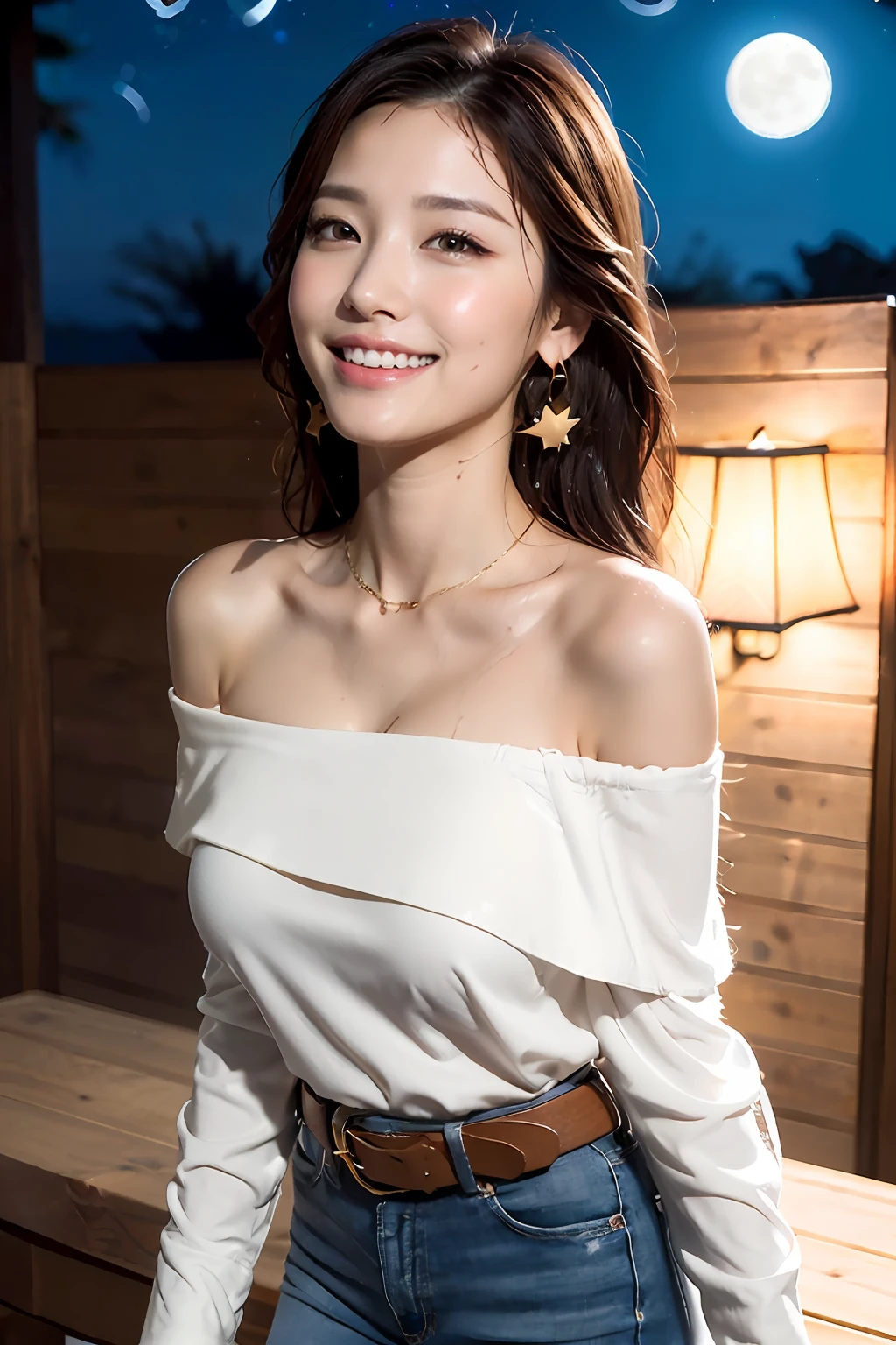 (masterpiece:1.3), high resolution, ultra detailed, extremely detailed CG unity 8k wallpaper, realistic, photo-realistic, RAW photo, beautiful detailed face, pale skin, realistic glistening skin, detailed cloth texture, detailed hair texture, Perfect Style, Beautiful Face, accurate, Anatomically correct, Highly detailed face and skin texture, natural neck length, (wet body, wet hair:1.1),
BREAK
Detailed eyes, symmetric eyes, Brown eyes, Double eyelids, Thin eyebrows, (Sexy Lips:1.3), (happy smile:1.2), (blush:1.2)
BREAK, 
((Innocent and Cute girl:1.3)), ((wearing a off-shoulder White blouse:1.4)), (Gold buckle belt), (skinny jeans:1.2), (cross strap high heels:1.2), (necklace, bracelet), (Thin hoop earrings), (pinky ring), (beautiful blue nails:1.2), 
Layered Hairstyle, (brown hair:1.2), (wavy hair:1.2), medium long hair, (large breasts, firm breast, nicely shaped breasts:1.1),
BREAK, 
((Standing to close:1.4)), ((looking up at viewer:1.2)), 
((close-up shot:1.2)), (Focus on face:1.2), (from above:1.2), (in an outdoor stylish beachside terrace), ((A view of The night sky filled with numerous stars and a large full moon shining brightly:1.3)),
