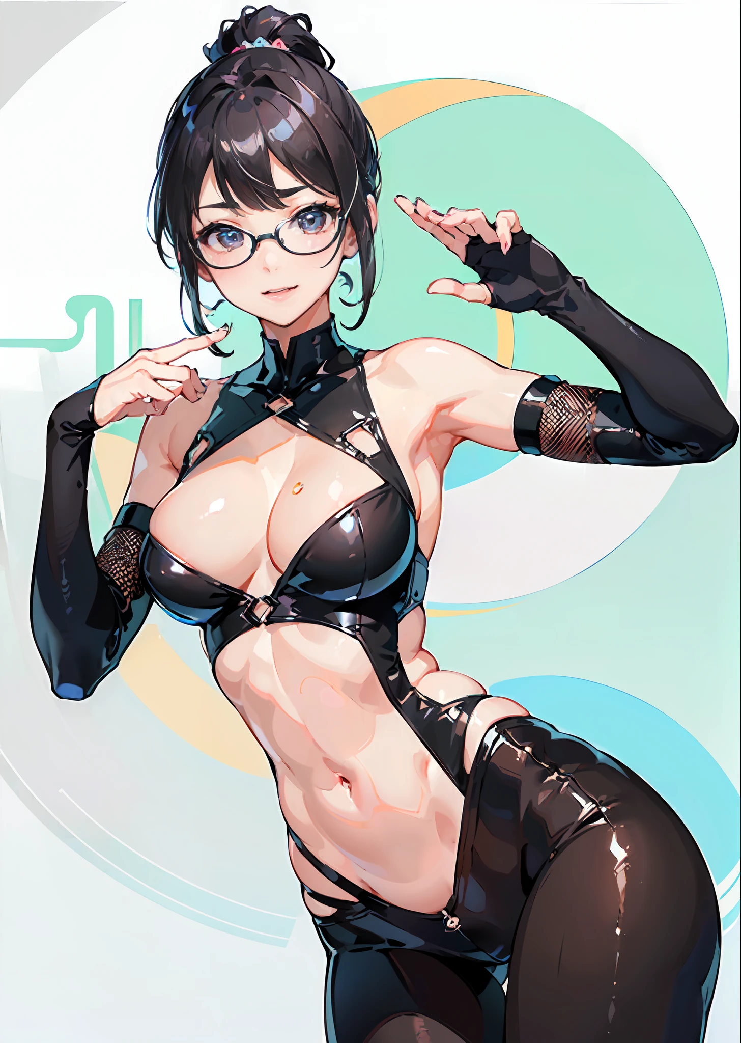 ((top-quality、8K、​masterpiece:1.3))、foco nítido:1.2、Beautiful woman with perfect body shape:1.4、Beautiful face、Beautiful expression、Evil smile、blush:1.5、Highly detailed facial and skin texture、A detailed eye、1 girl, Solo, Sexy Pose、foco nítido:1.2),Black hair、High Ponytail、Blunt bangs、abdominals、The navel is visible、(eye glass:1.2)、(Mesh Bodysuit:1.3,low rise pants、The groin is visible:1.3)
